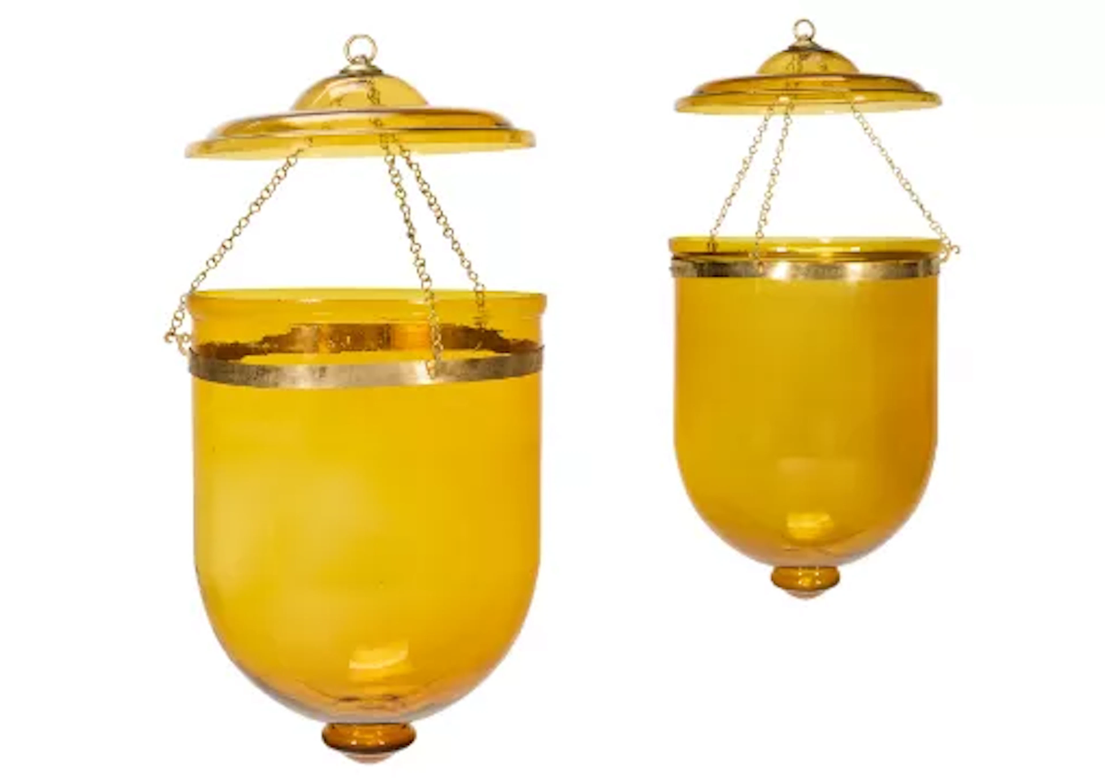 A LARGE PAIR OF INDIAN AMBER GLASS GLOBE LANTERN SHADES, MODERN