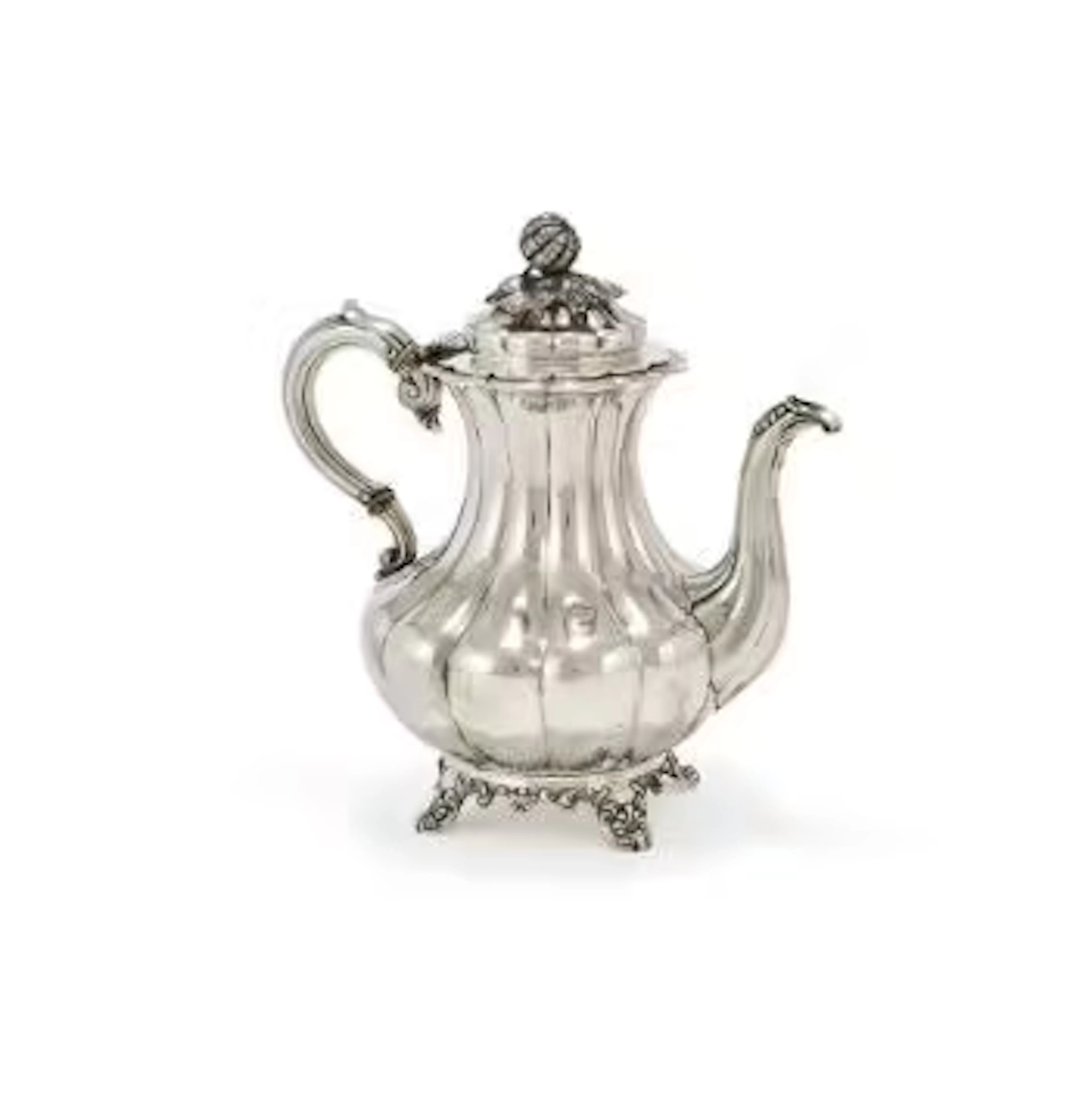 Y A WILLIAM IV SILVER LOBED BALUSTER COFFEE POT