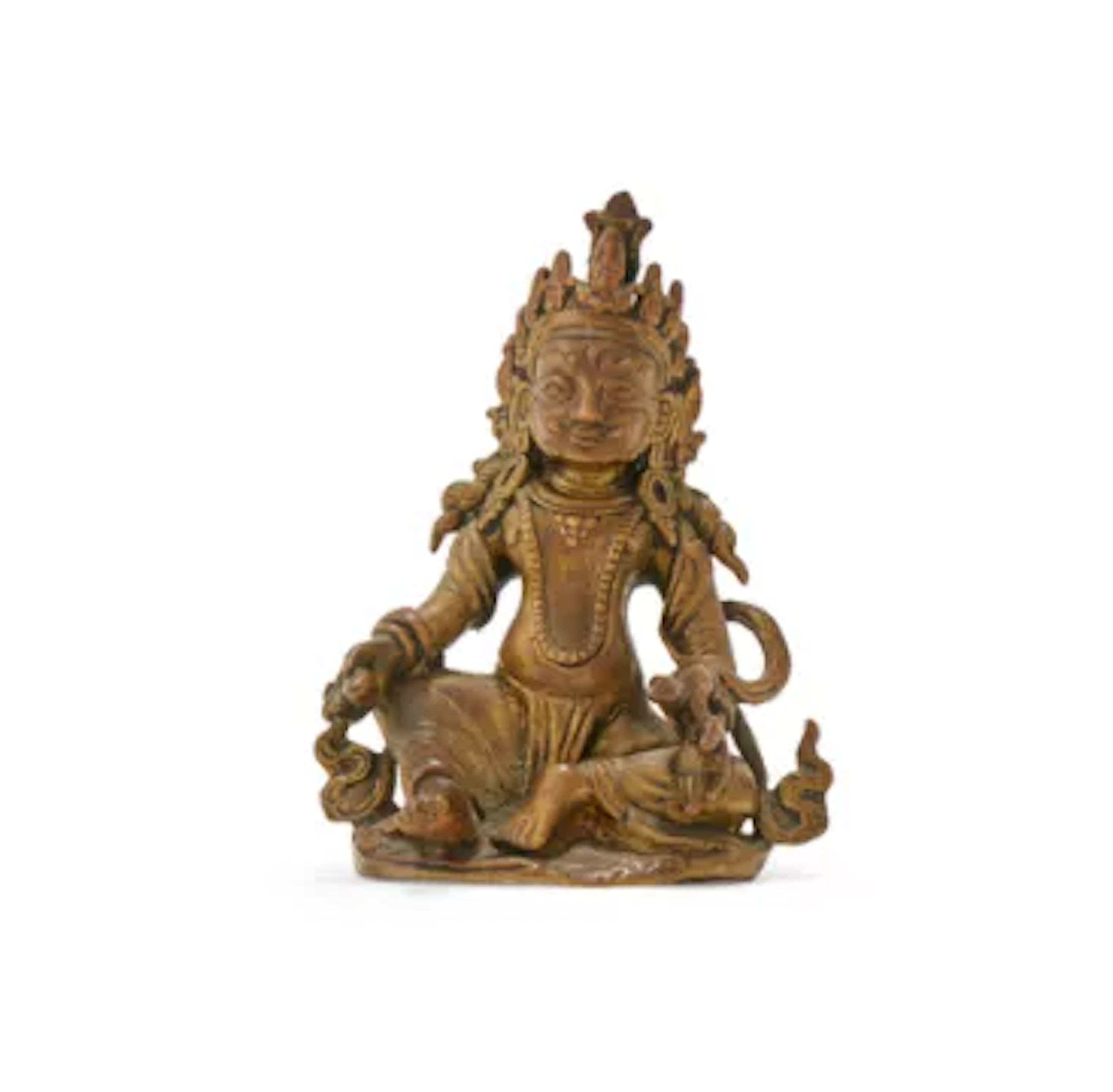 A small gilt bronze figure of Jambhala, Nepal, 16th or 17th century