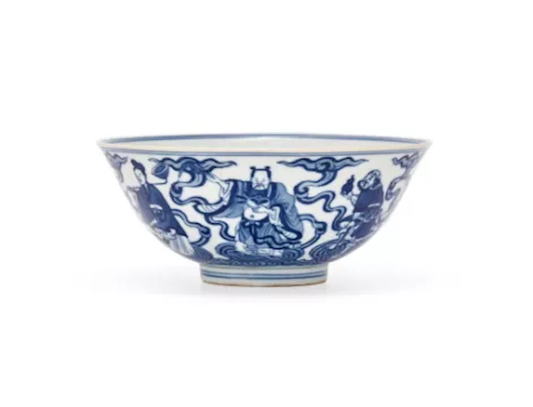 A Chinese blue and white 'Eight Immortals' bowl, Daoguang seal mark