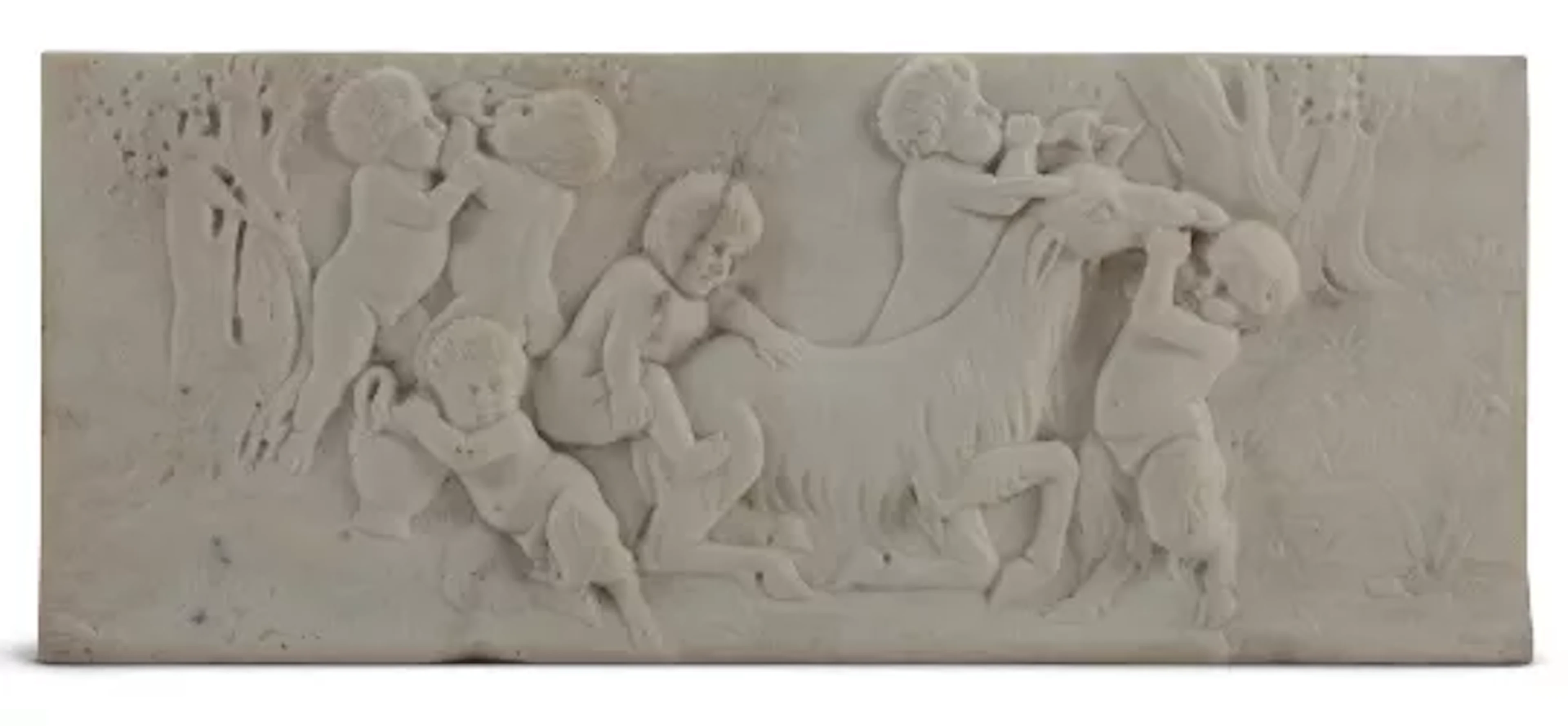 AFTER FRANÇOIS DUQUESNOY, A CARVED MARBLE CHIMNEYPIECE TABLET OF BACCHANALIAN