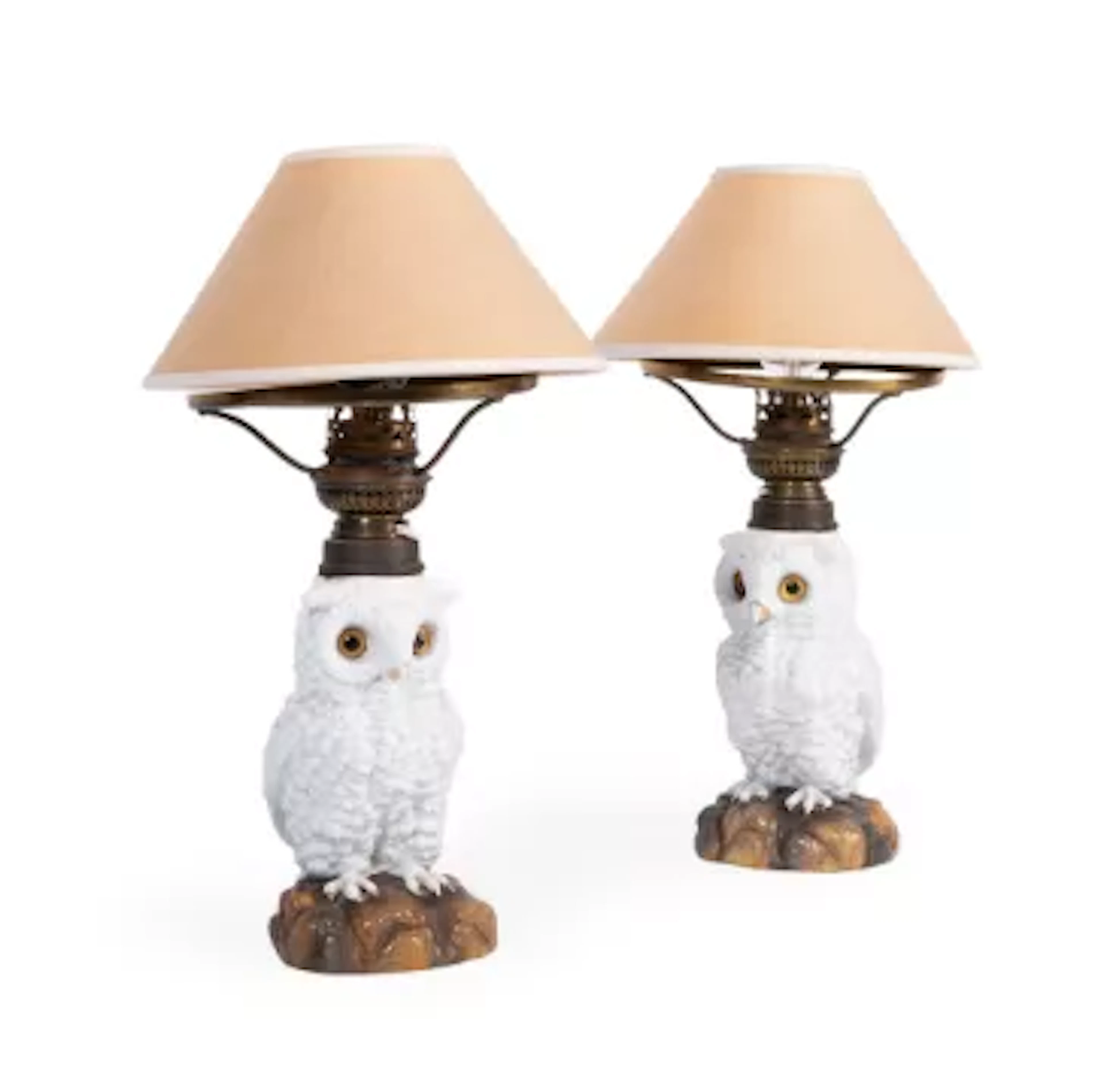 A PAIR OF GERMAN PORCELAIN PARAFFIN LAMP BASES MODELLED AS OWLS, LATE