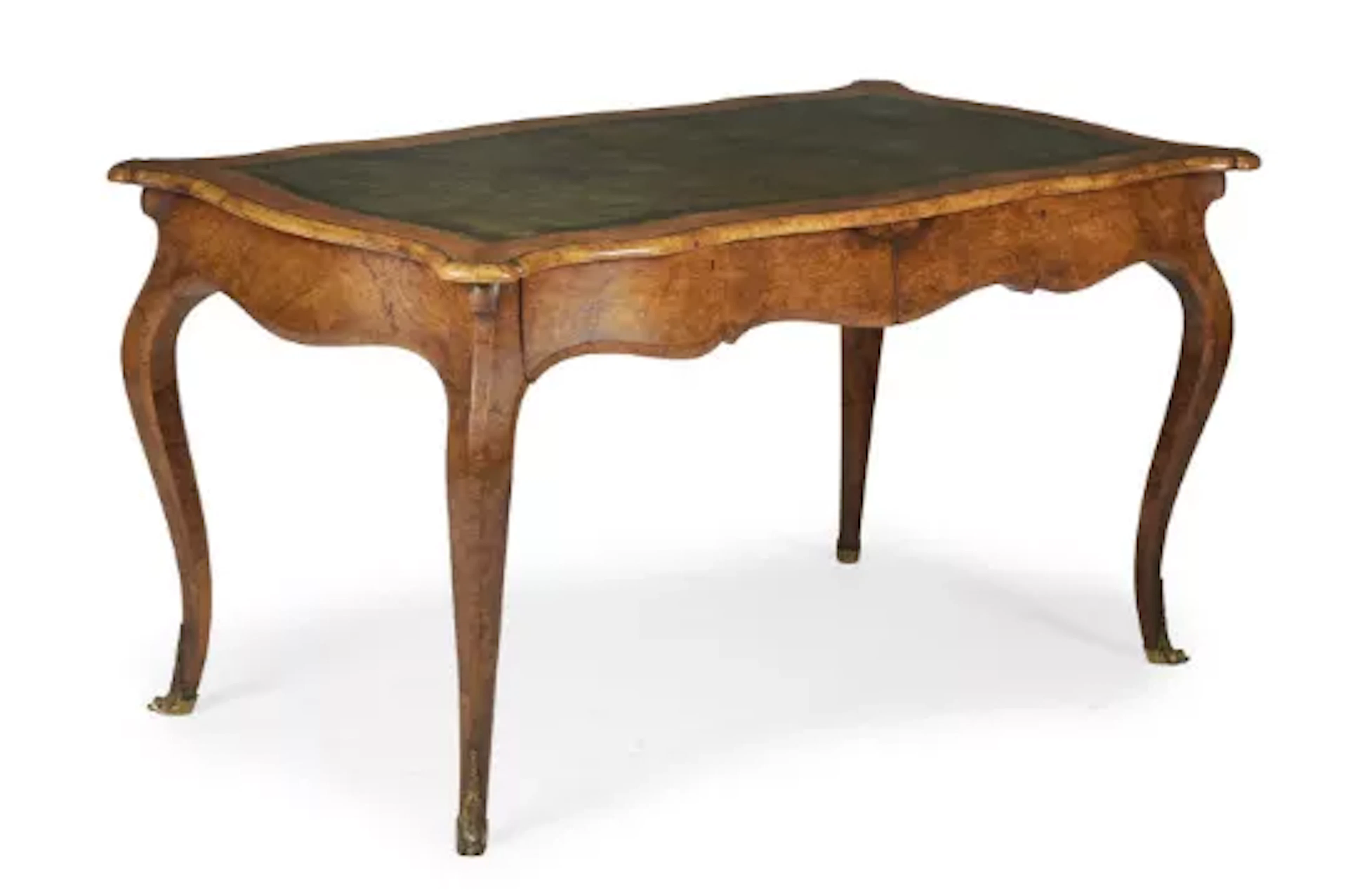 A VICTORIAN BURR WALNUT AND TOOLED LEATHER INSET BUREAU PLAT, SECOND