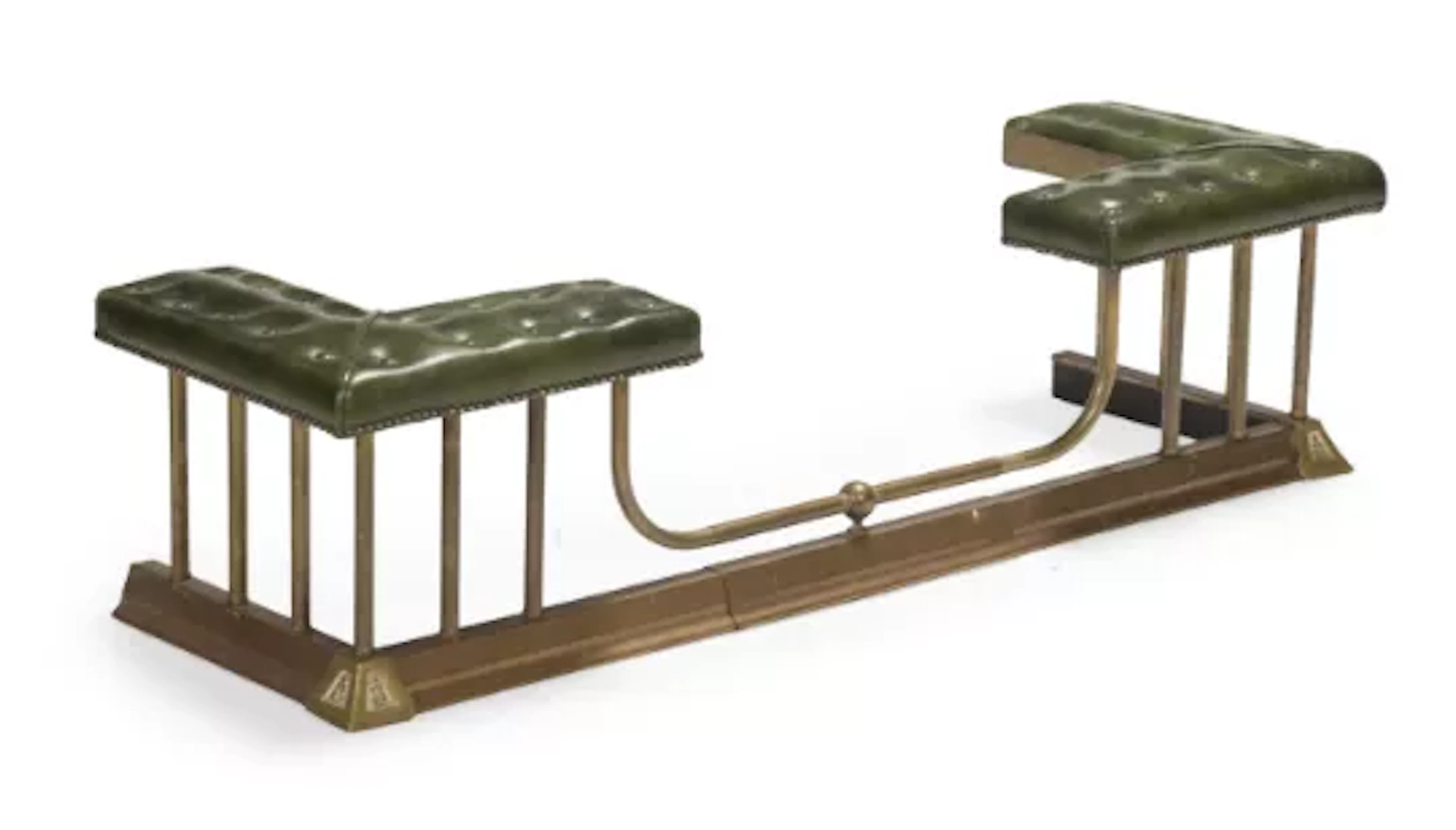 A BRASS, COPPER AND GREEN LEATHER UPHOLSTERED ADJUSTABLE CLUB FENDER