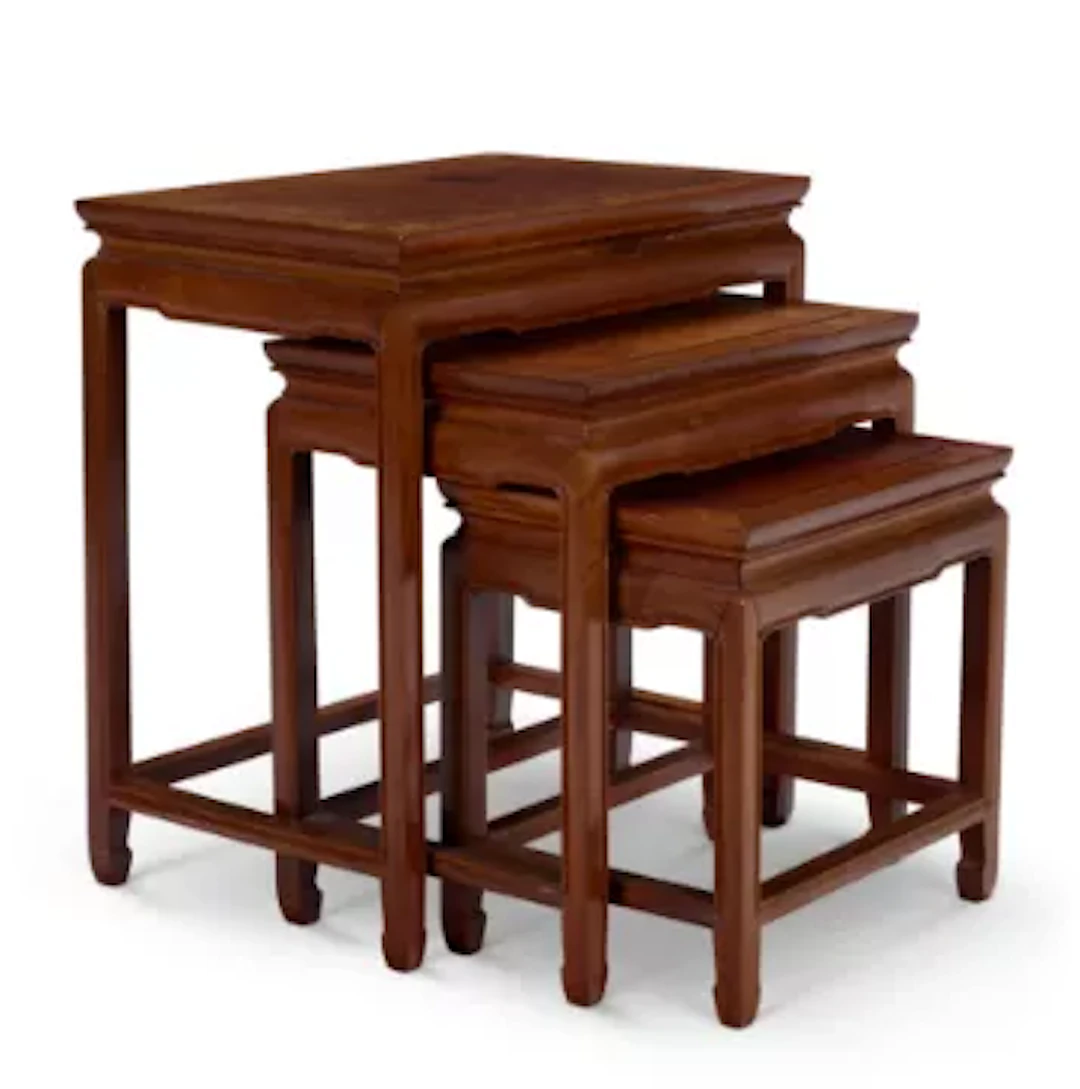 A SET OF THREE CHINESE TEAK OCCASIONAL NESTING TABLES, 20TH CENTURY