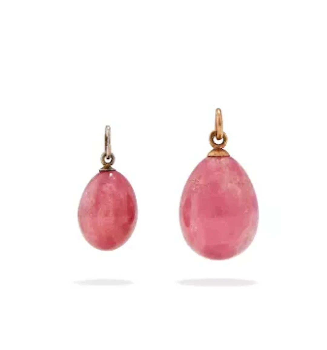 TWO RUSSIAN RHODONITE EGG PENDANTS, CIRCA 1900