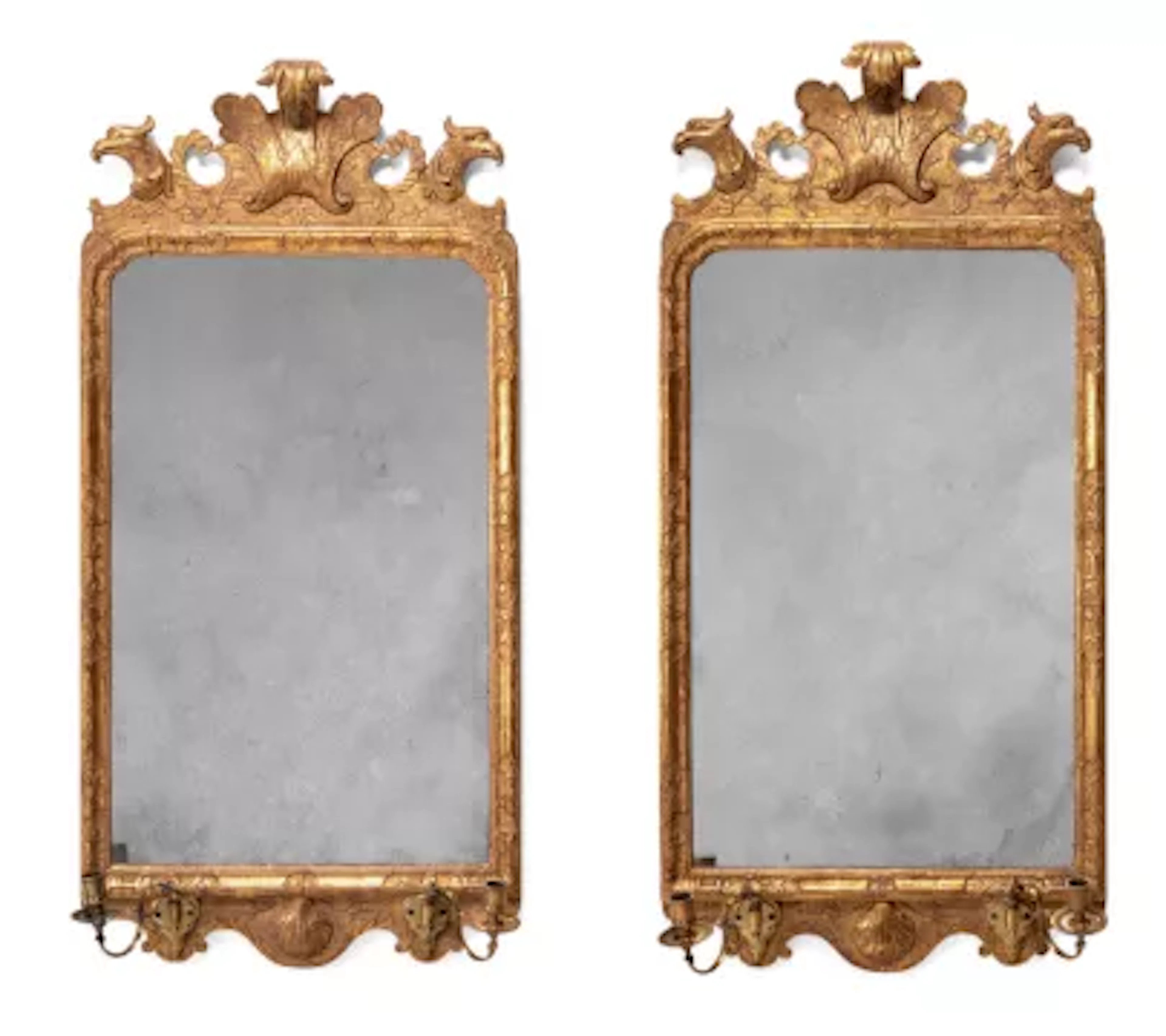 A FINE AND RARE PAIR OF GEORGE I GILT GESSO GIRANDOLE MIRRORS, CIRCA 1725