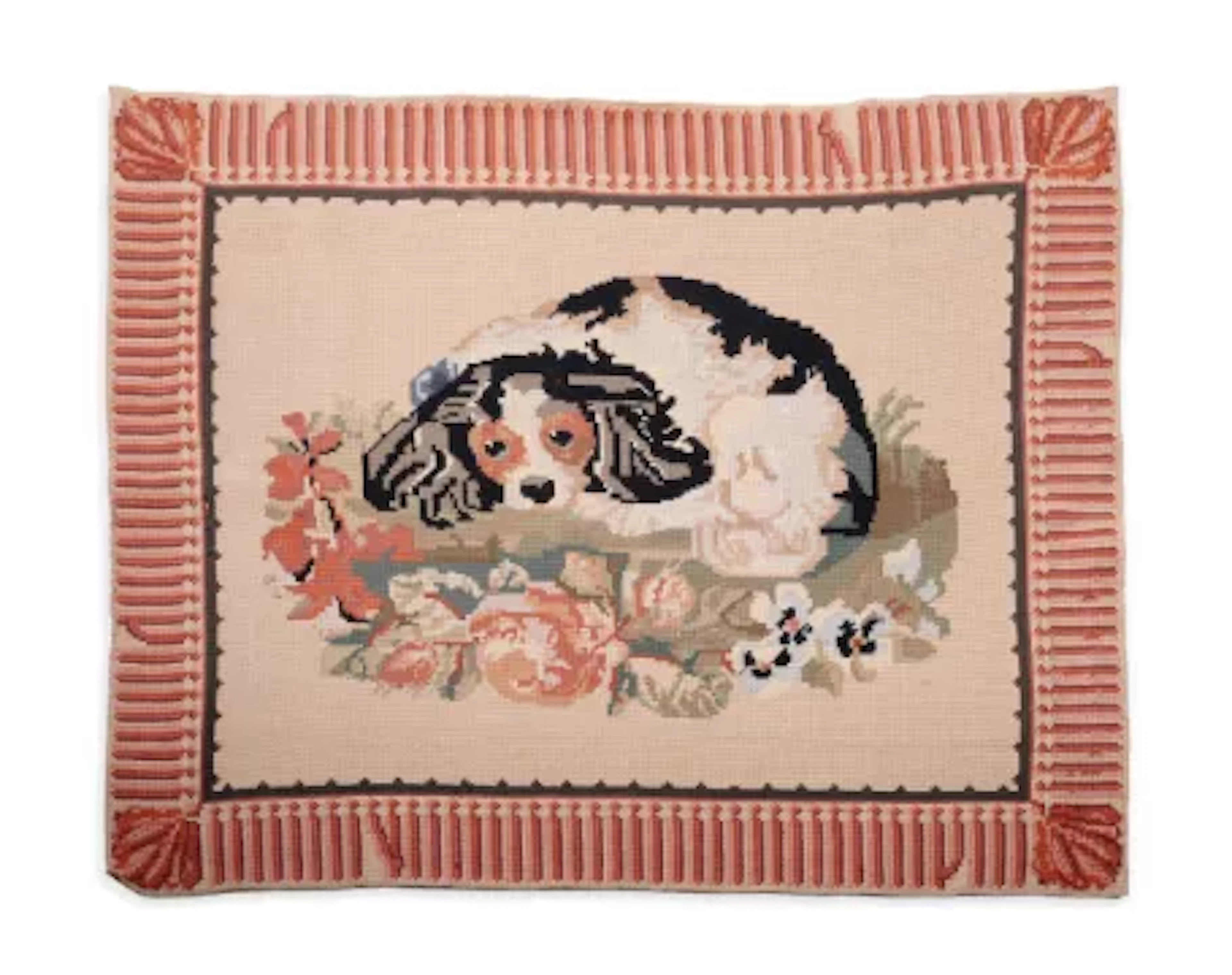 A CROSS-STITCH, NEEDLEWORK RUG DEPICTING A SPANIEL, FOR SIBYL COLEFAX