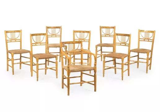 A SET OF EIGHT OCHRE PAINTED AND RUSH SEAT CHAIRS, 20TH CENTURY