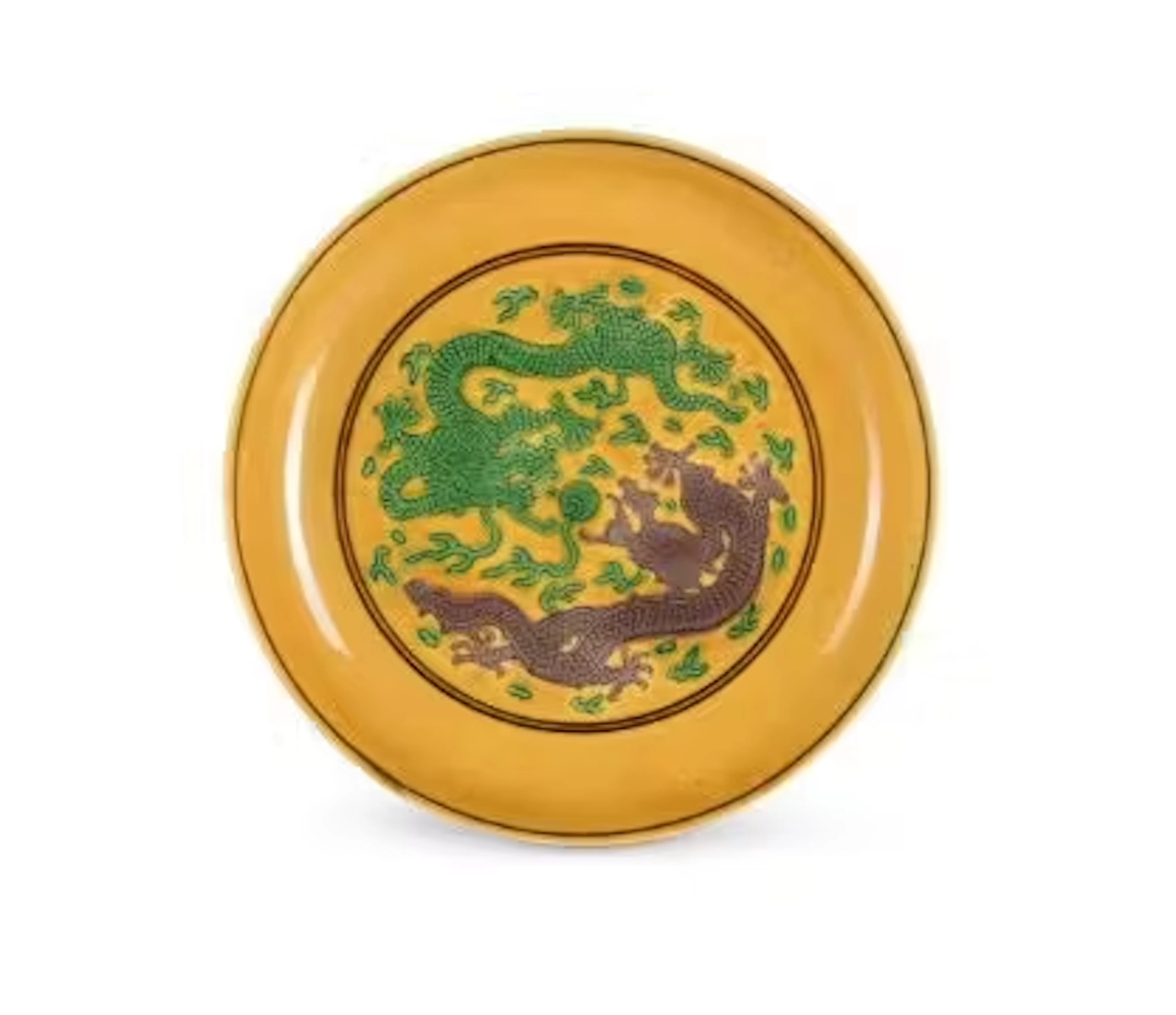 A Chinese Imperial porcelain yellow and green and aubergine-glazed