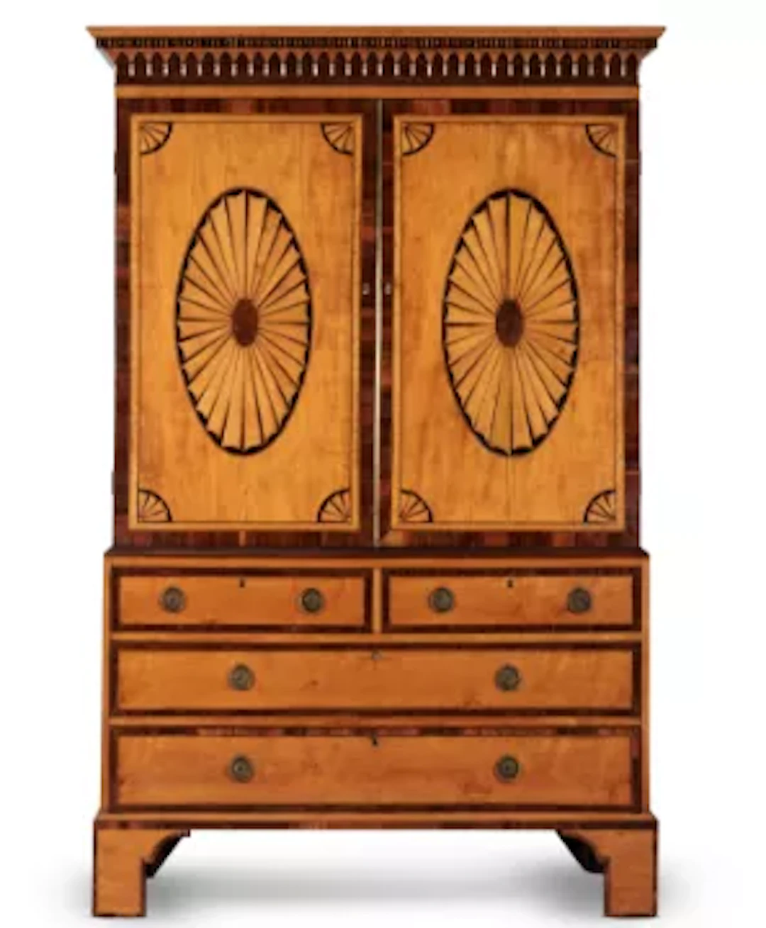 Y A GEORGE III SATINWOOD, MAHOGANY AND MARQUETRY LINEN PRESS, LATE 18TH CENTURY