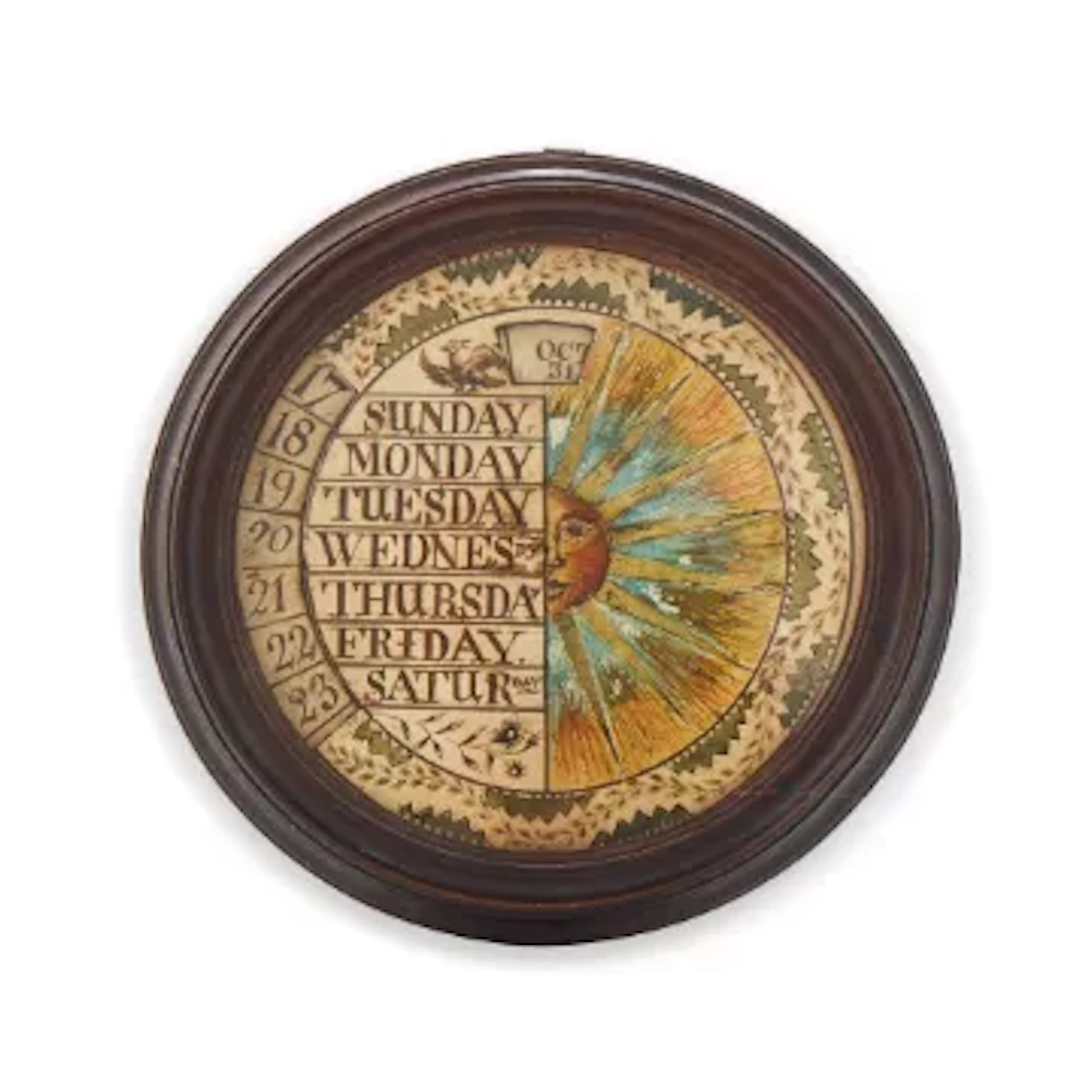 AN UNUSUAL GEORGE III EBONISED FRAMED MANUAL REVOLVING WHEEL CALENDAR
