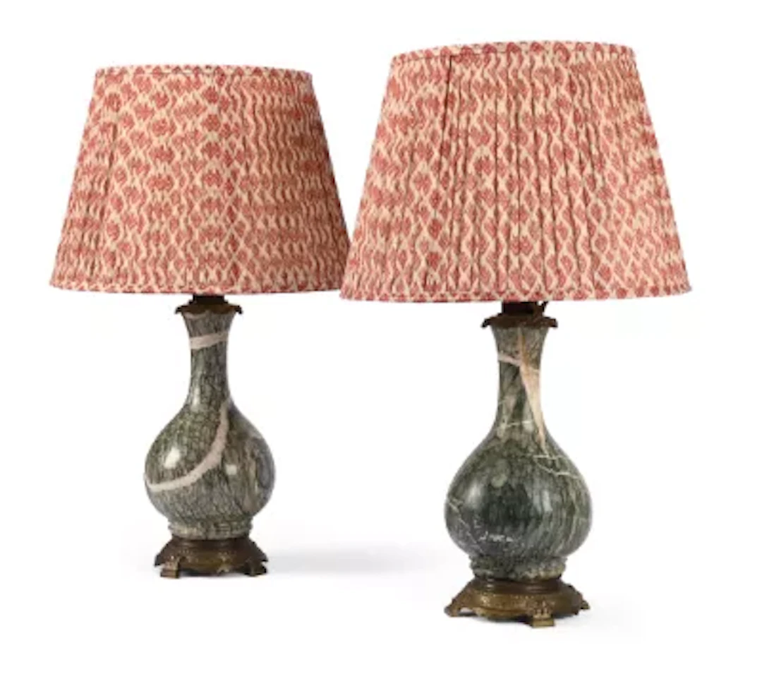 A PAIR OF VARIEGATED GREEN CIPOLLINO MARBLE BALUSTER TABLE LIGHTS