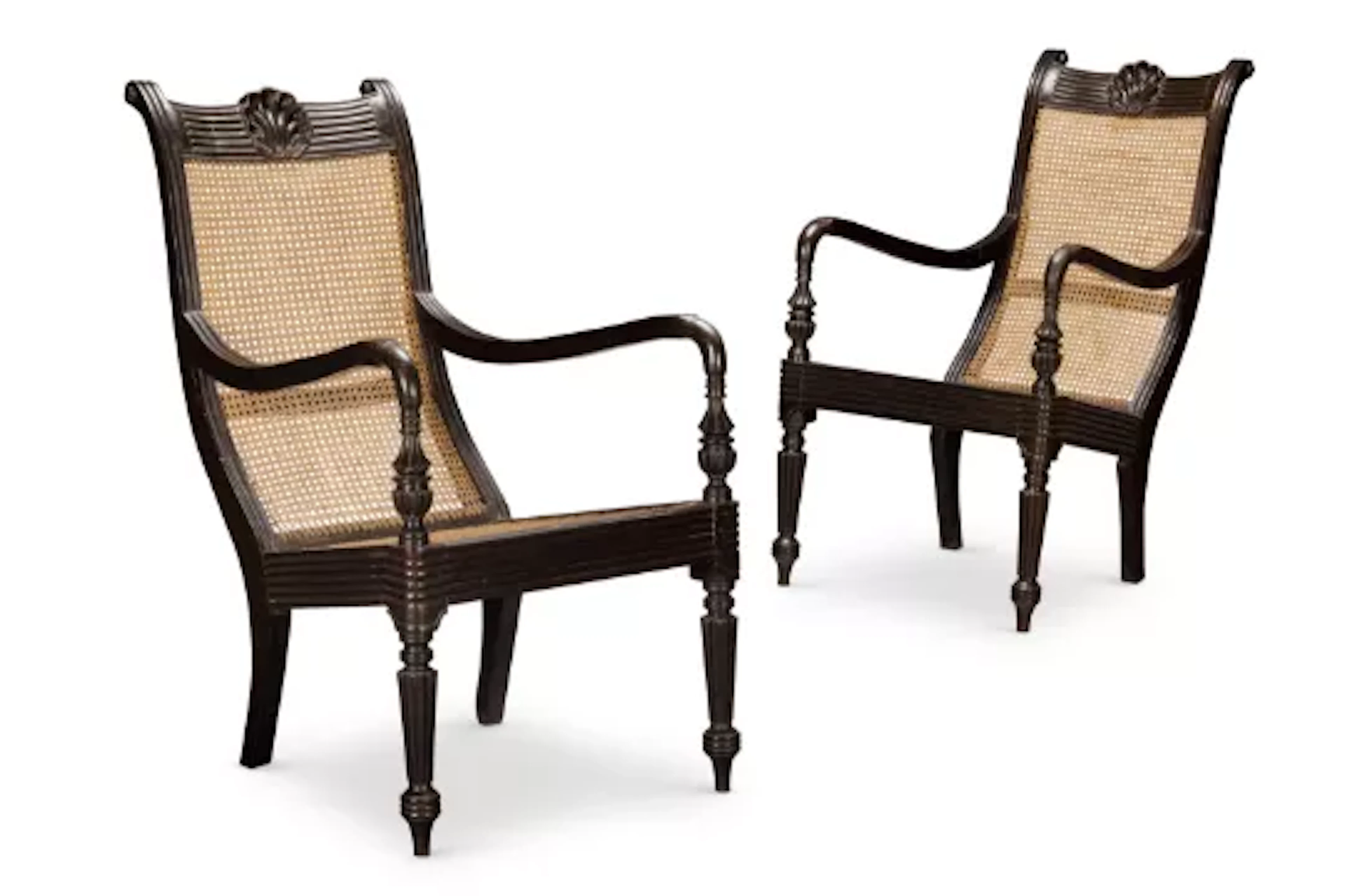 Y‡ A PAIR OF CEYLONESE EBONY AND CANED ARMCHAIRS, LATE 19TH CENTURY