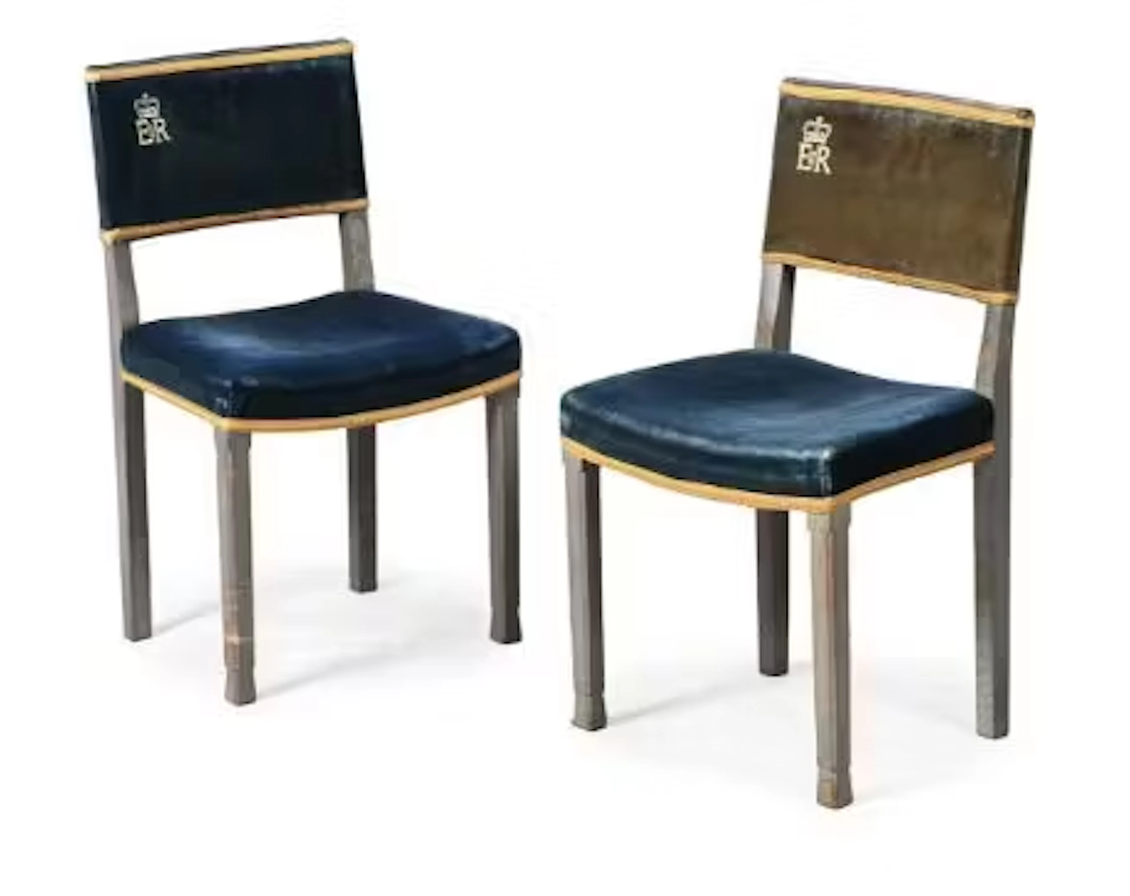 A PAIR OF ELIZABETH II SILVER PAINTED OAK CORONATION CHAIRS, BY W.