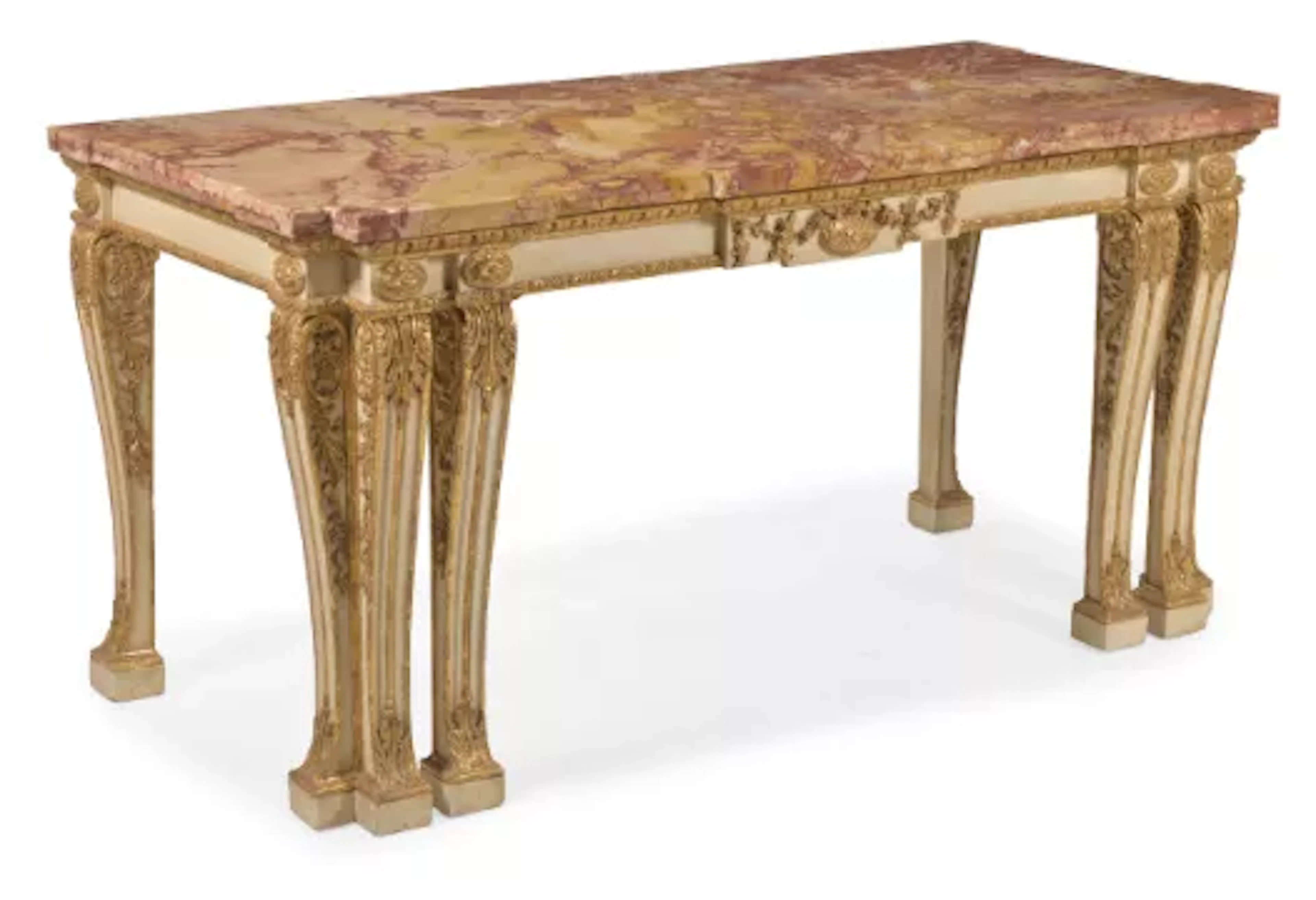 A GEORGE III CREAM PAINTED AND PARCEL GILT SIDE OR CONSOLE TABLE, CIRCA 1760