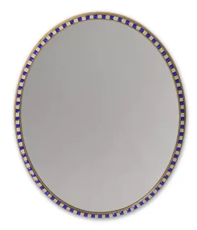 A LARGE BLUE AND WHITE BEADED GLASS OVAL MIRROR, LATE 19TH OR 20TH CENTURY