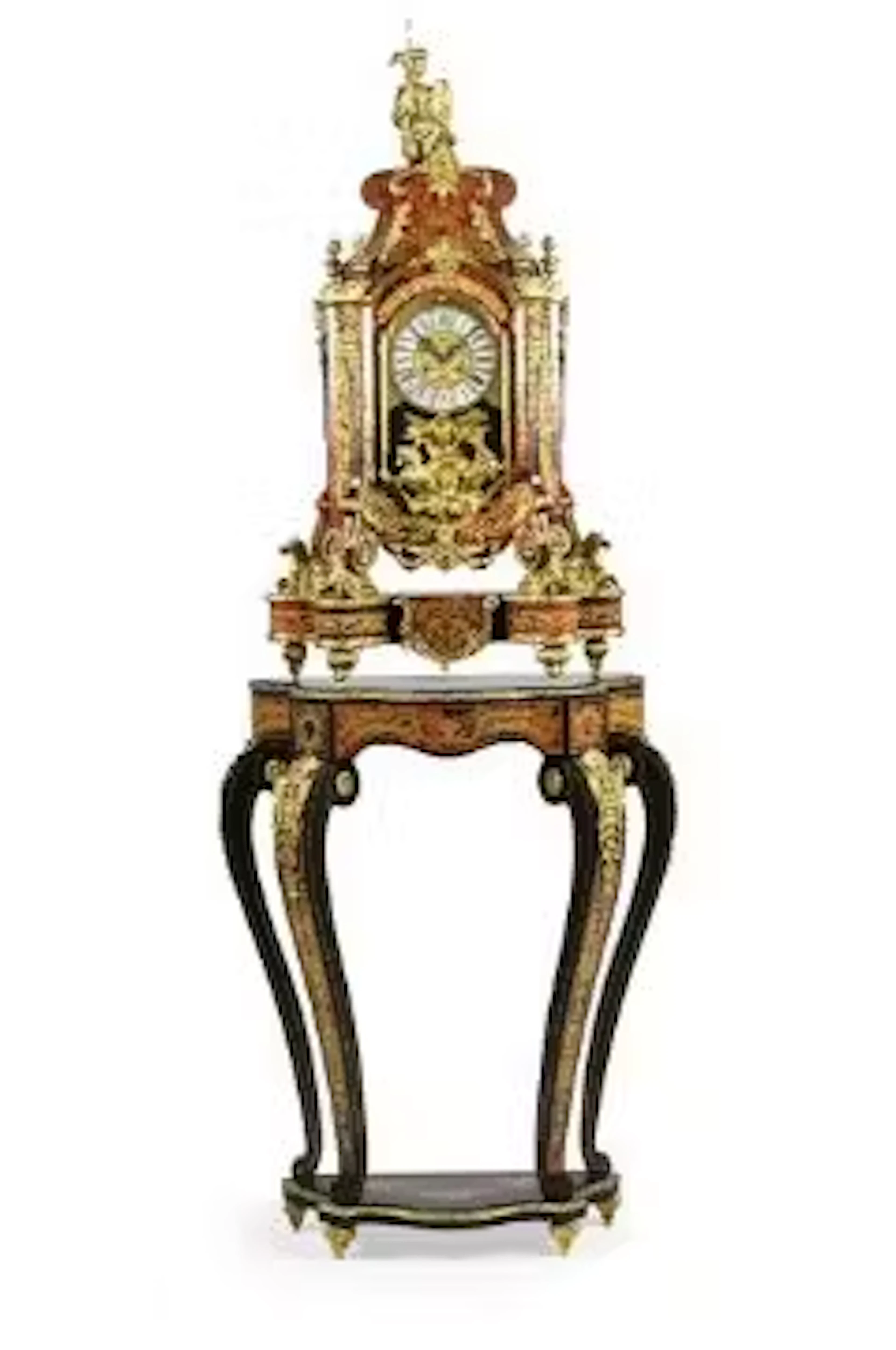 Y A SIMULATED TORTOISESHELL, EBONISED, AND GILT METAL MOUNTED CLOCK