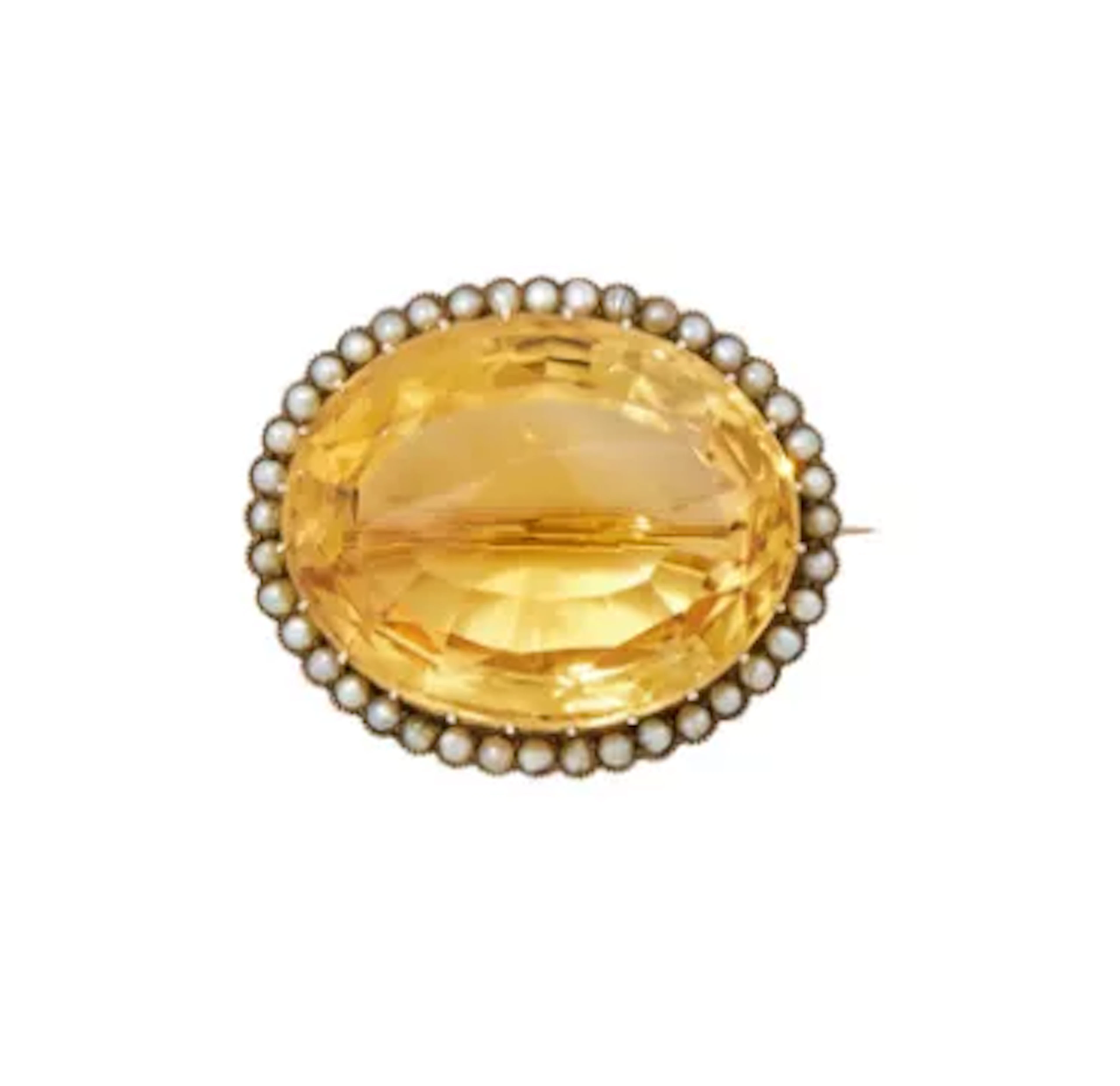 A CITRINE AND HALF PEARL BROOCH