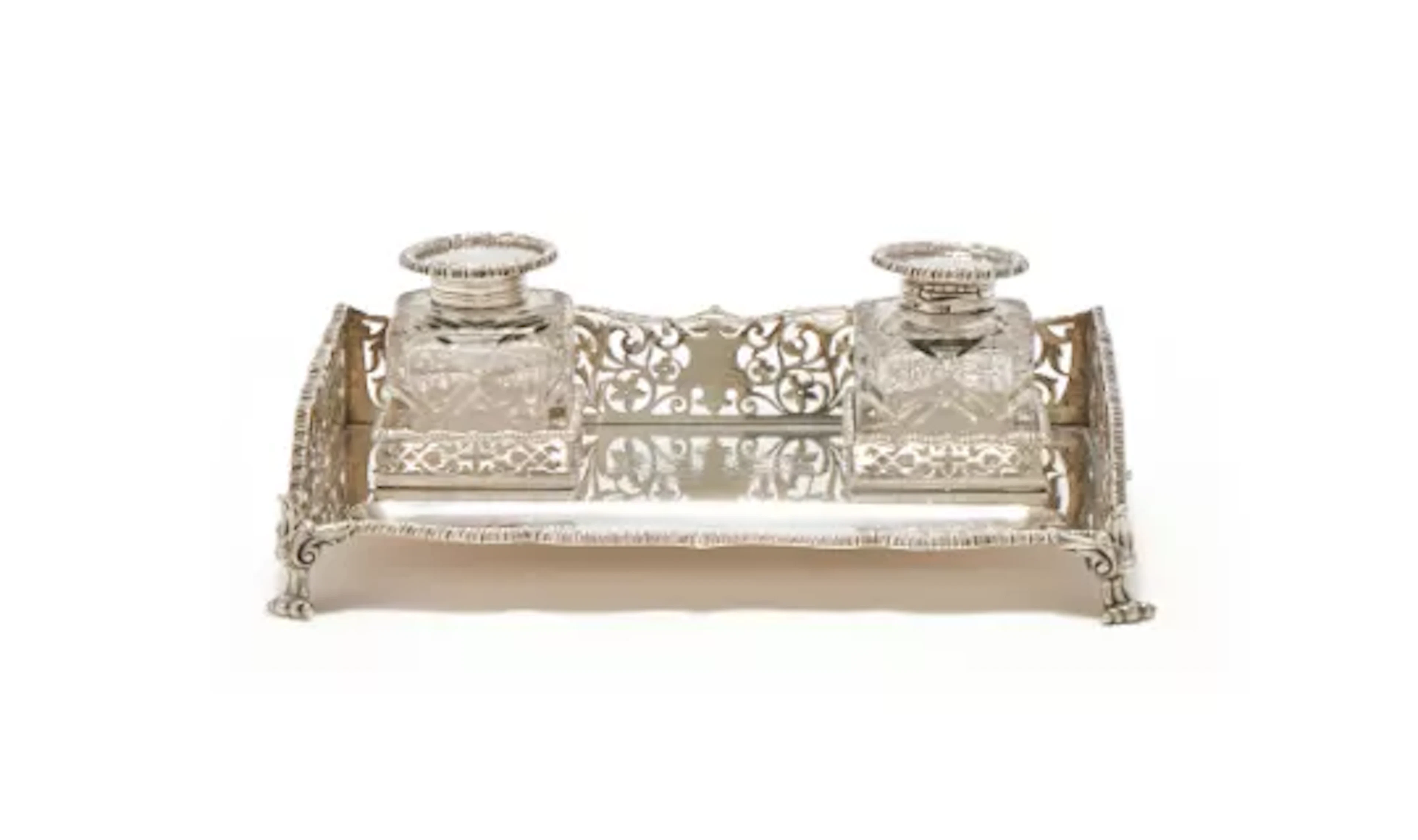 A VICTORIAN SILVER RECTANGULAR TWO BOTTLE INKSTAND, WALTER & JOHN