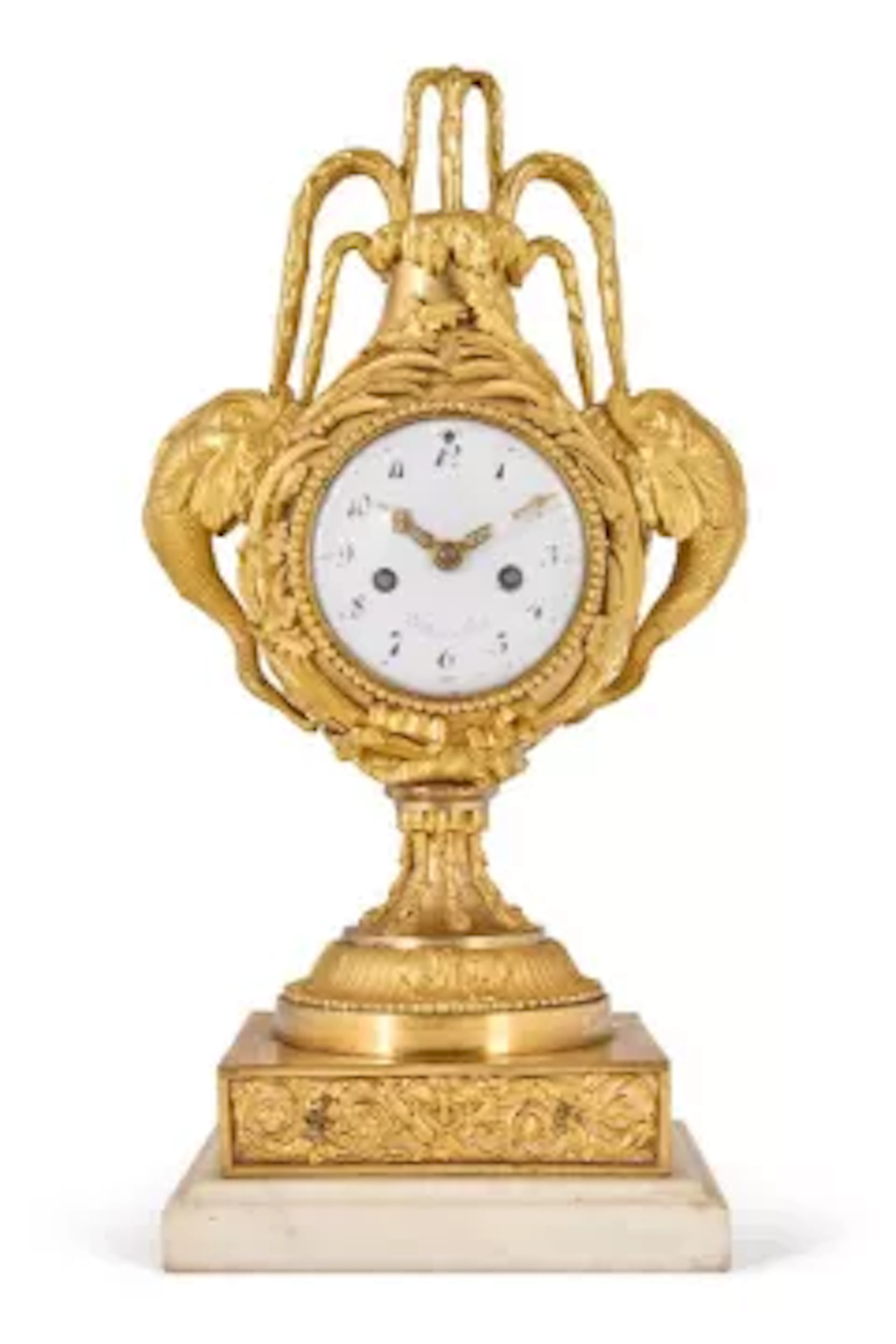 A LOUIS XVI STYLE ORMOLU MOUNTED WHITE MARBLE MANTEL CLOCK 'VASE PENDULE