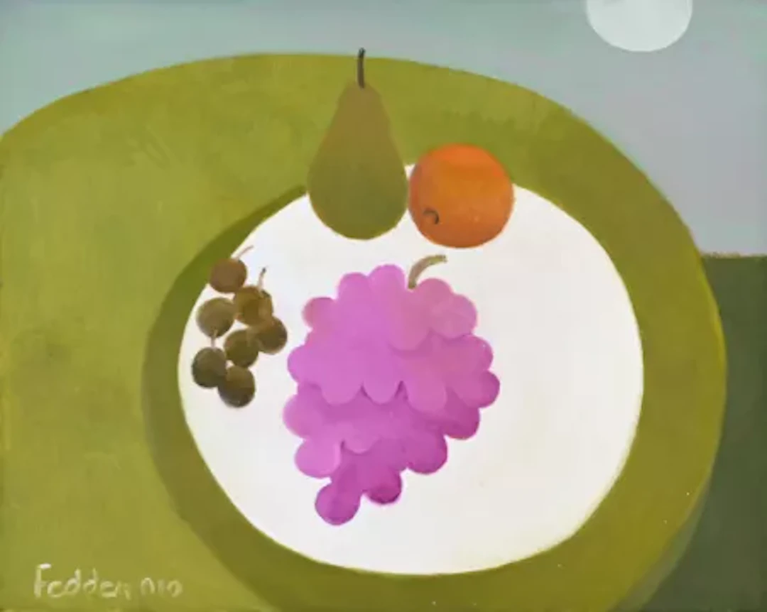 λ MARY FEDDEN (BRITISH 1915-2012), STILL LIFE WITH GRAPES, PEAR AND ORANGE