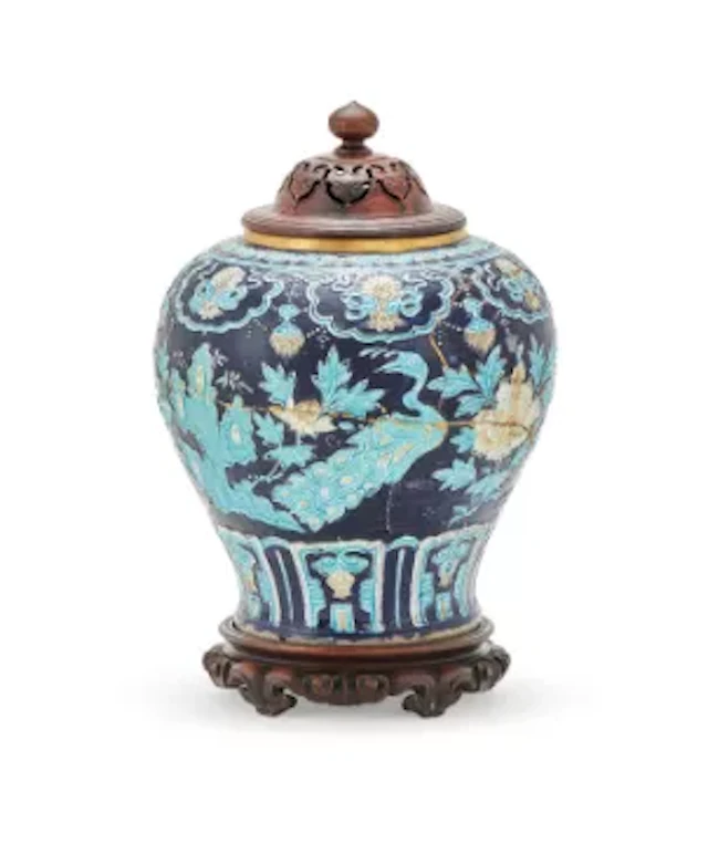 A large Chinese Fahua 'peacock' jar, Ming Dynasty