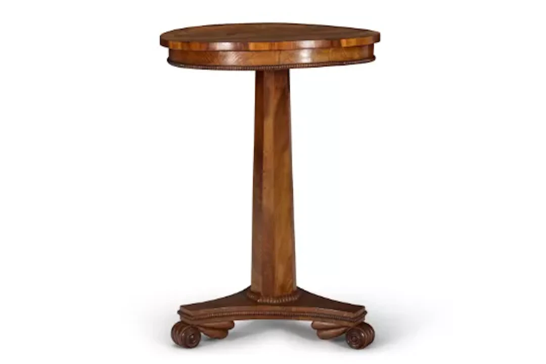 A REGENCY SATINWOOD, MAHOGANY AND WALNUT TRIPOD TABLE, EARLY 19TH CENTURY