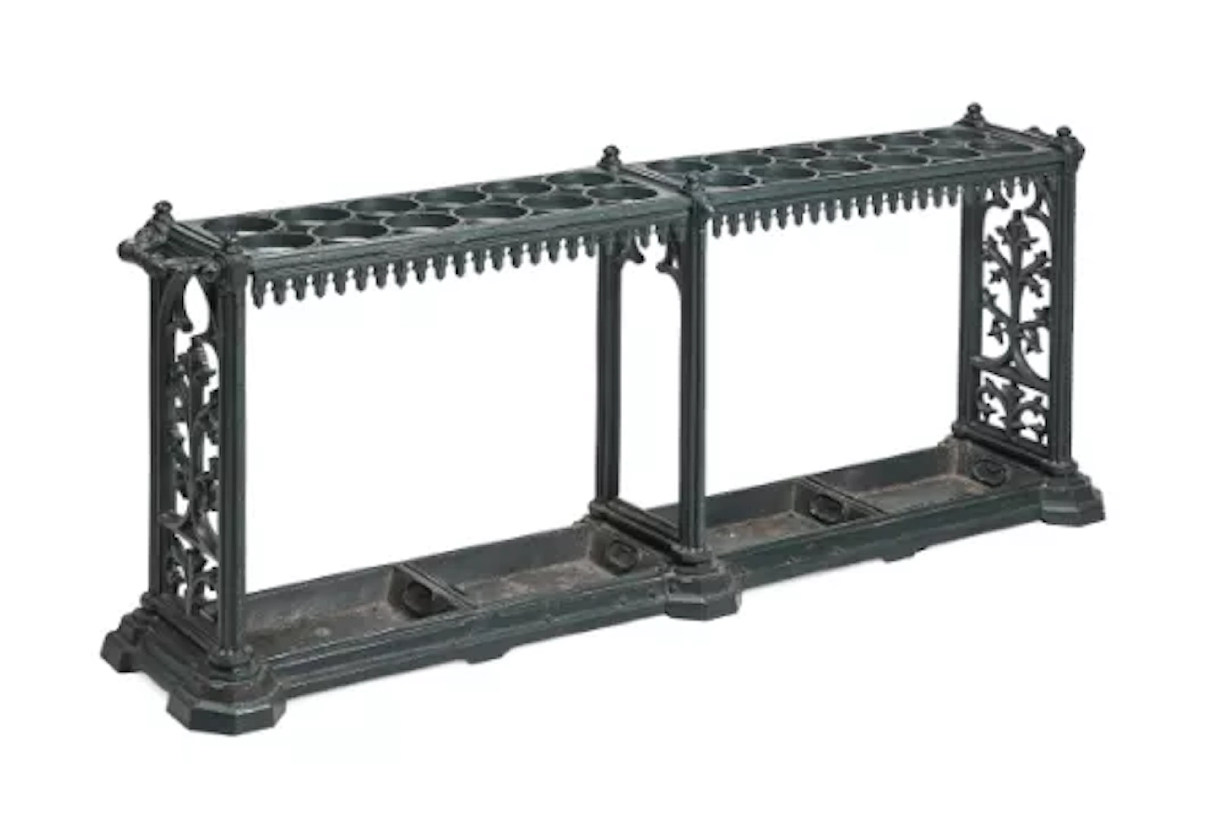 A VICTORIAN CAST IRON AND GREEN PAINTED COUNTRY HOUSE STICK STAND