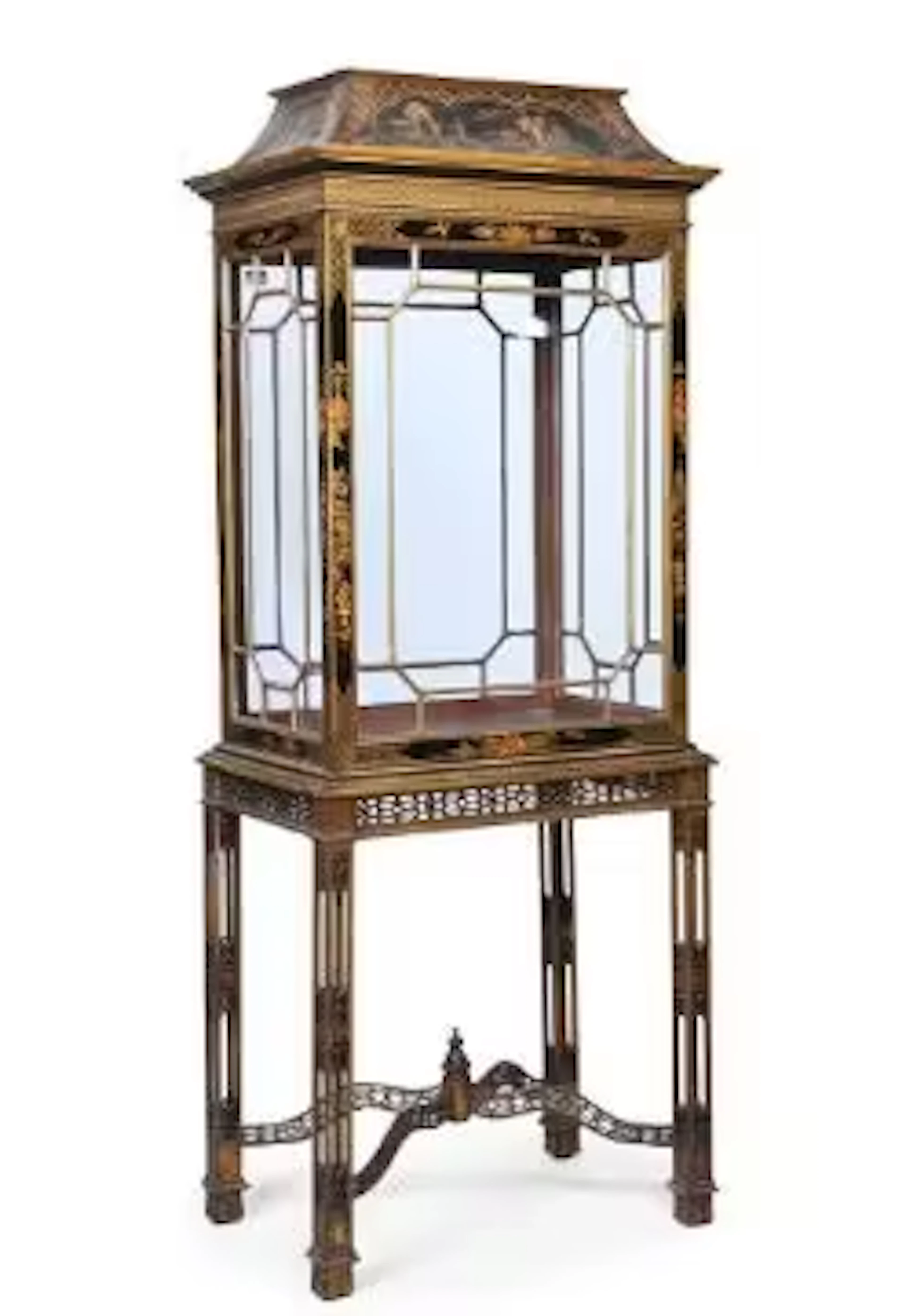 A BLACK LACQUER AND GILT CHINOISERIE DECORATED DISPLAY CABINET, EARLY