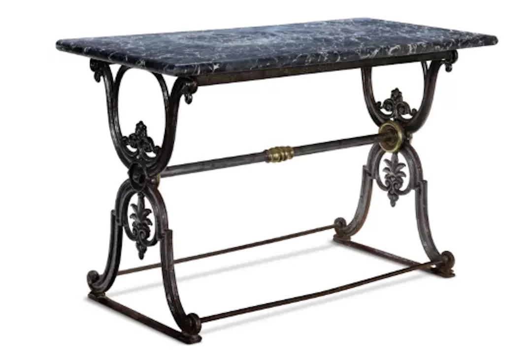 A BRASS MOUNTED POLISHED CAST IRON SIDE TABLE, FRENCH, 19TH CENTURY