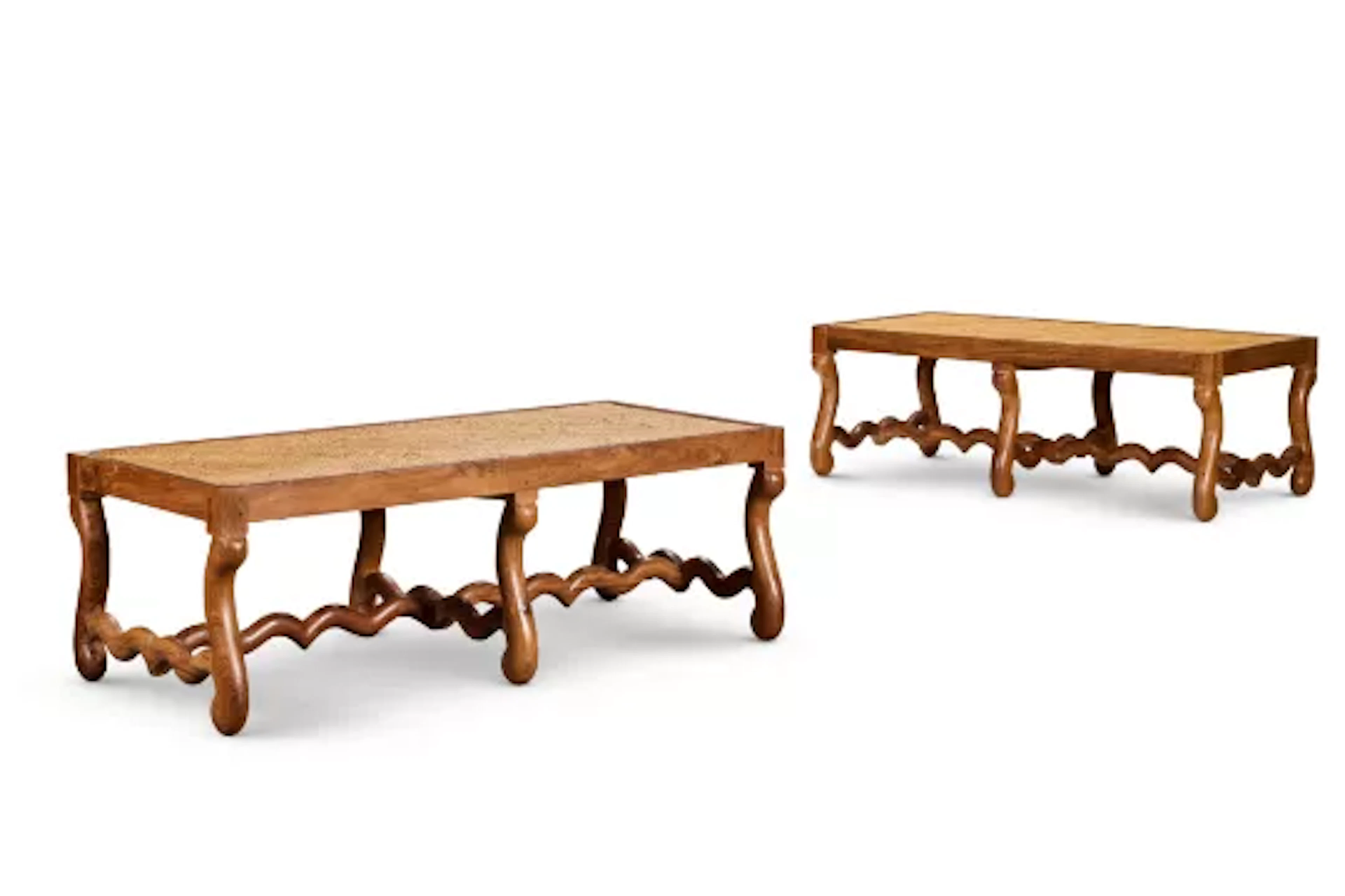 A PAIR OF LOUIS XIV STYLE WALNUT AND CANED LONG STOOLS, INDIAN, MODERN