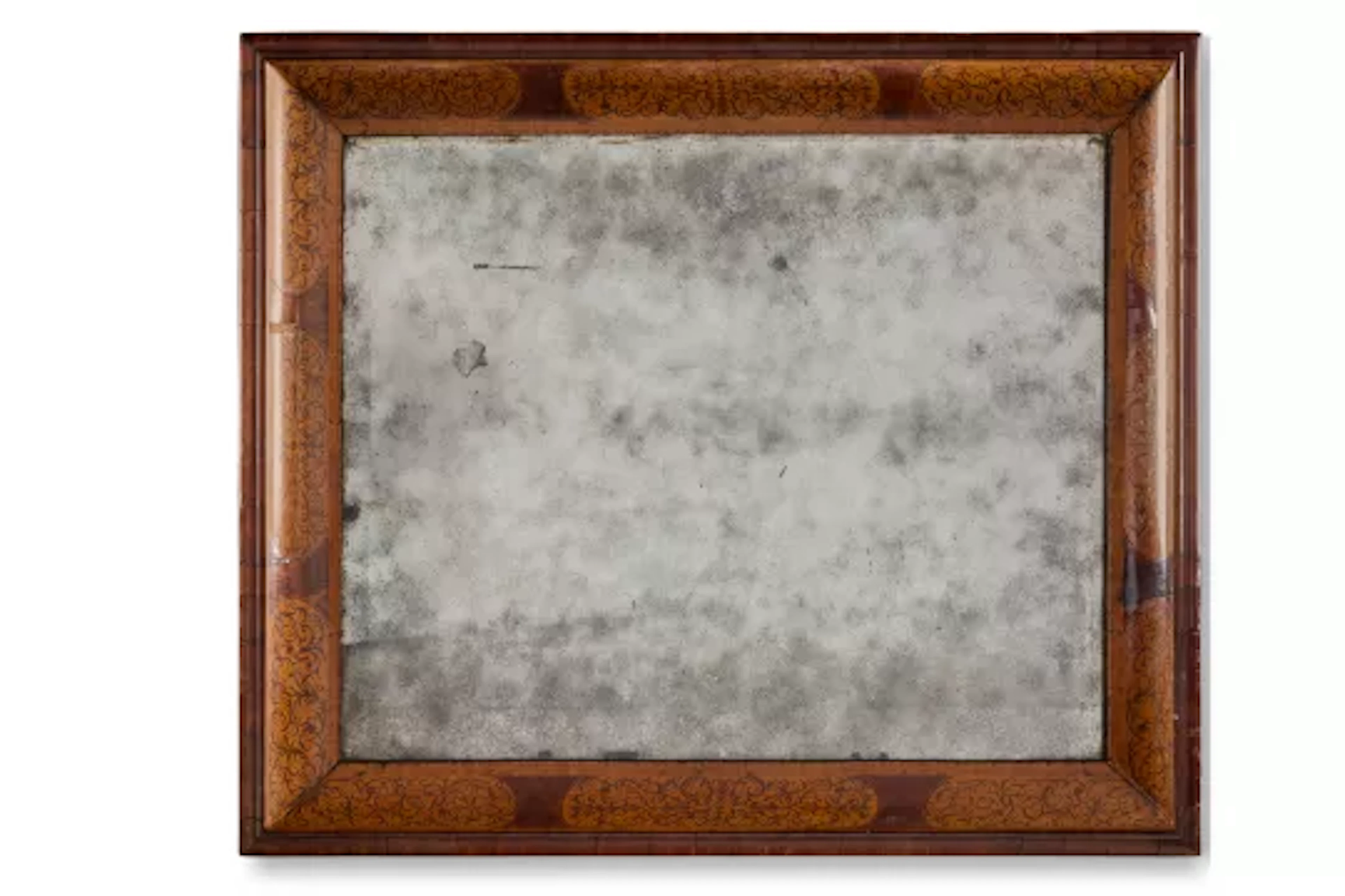 A WILLIAM AND MARY KINGWOOD, FRUITWOOD AND SEAWEED MARQUETRY MIRROR
