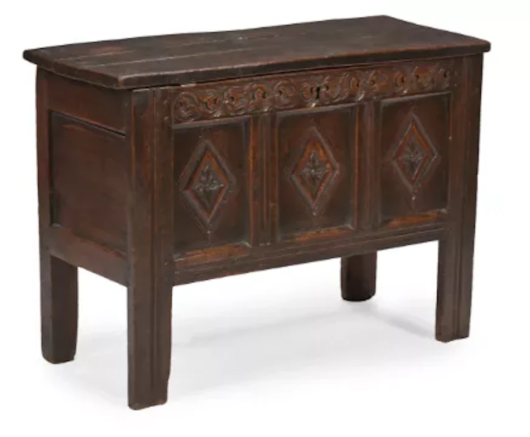 A CHARLES II OAK THREE PANEL COFFER, NORTH WEST MIDLANDS, CIRCA 1670