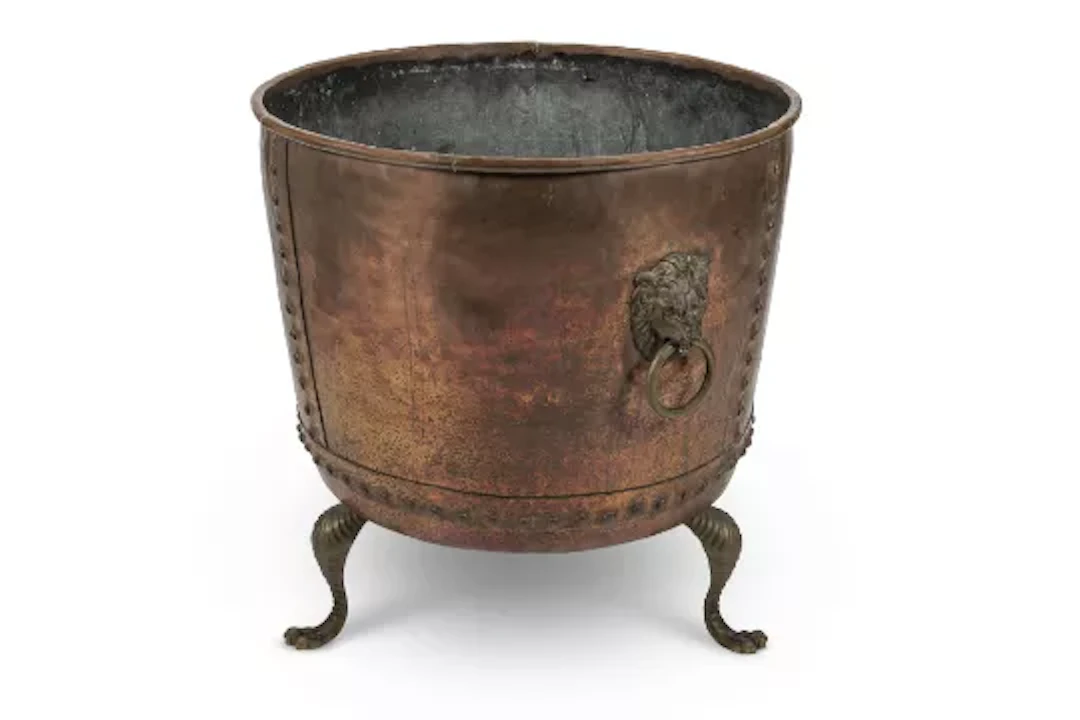 A LARGE LATE VICTORIAN RIVETTED COPPER CYLINDRICAL LOG BIN