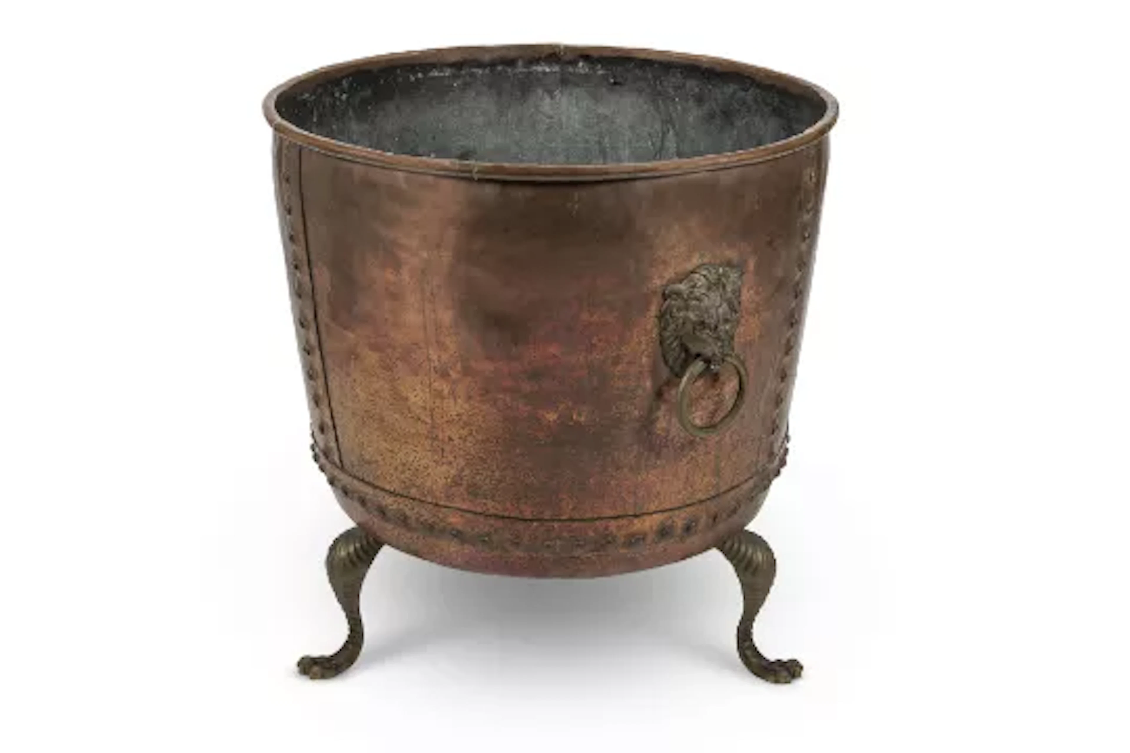 A LARGE LATE VICTORIAN RIVETTED COPPER CYLINDRICAL LOG BIN