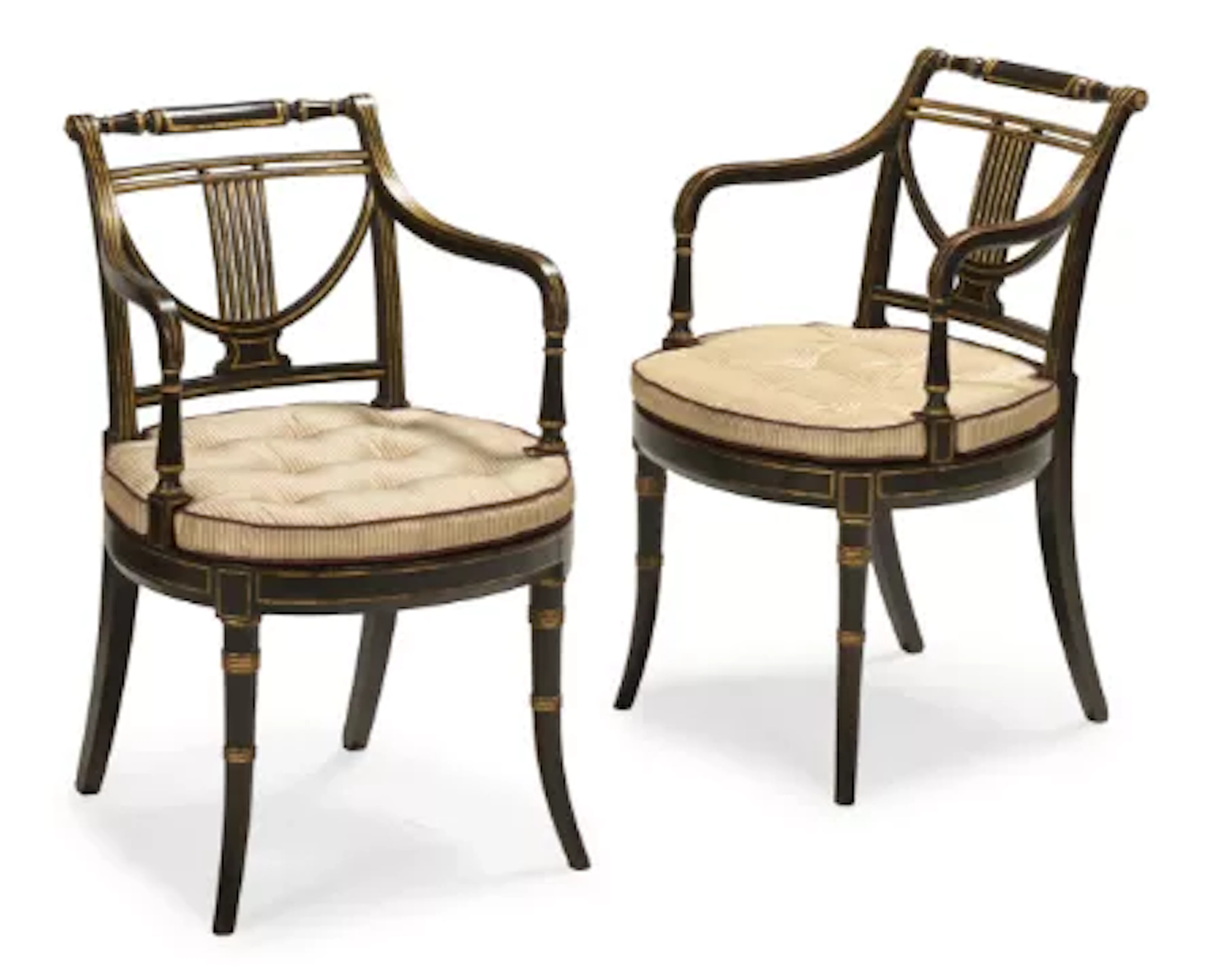 A PAIR OF REGENCY SIMULATED ROSEWOOD AND PARCEL GILT ARMCHAIRS, BY