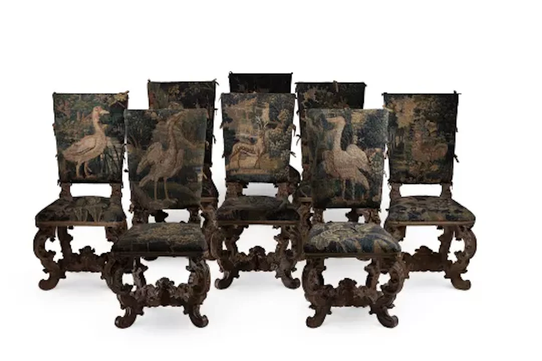 ‡ A SET OF EIGHT PAINTED AND TAPESTRY UPHOLSTERED CHAIRS, ITALIAN