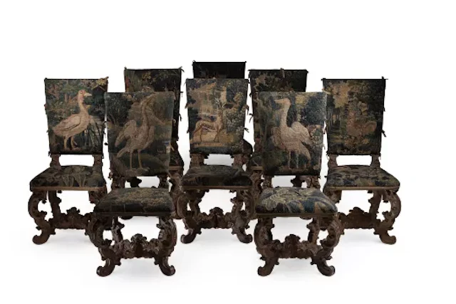 ‡ A SET OF EIGHT PAINTED AND TAPESTRY UPHOLSTERED CHAIRS, ITALIAN