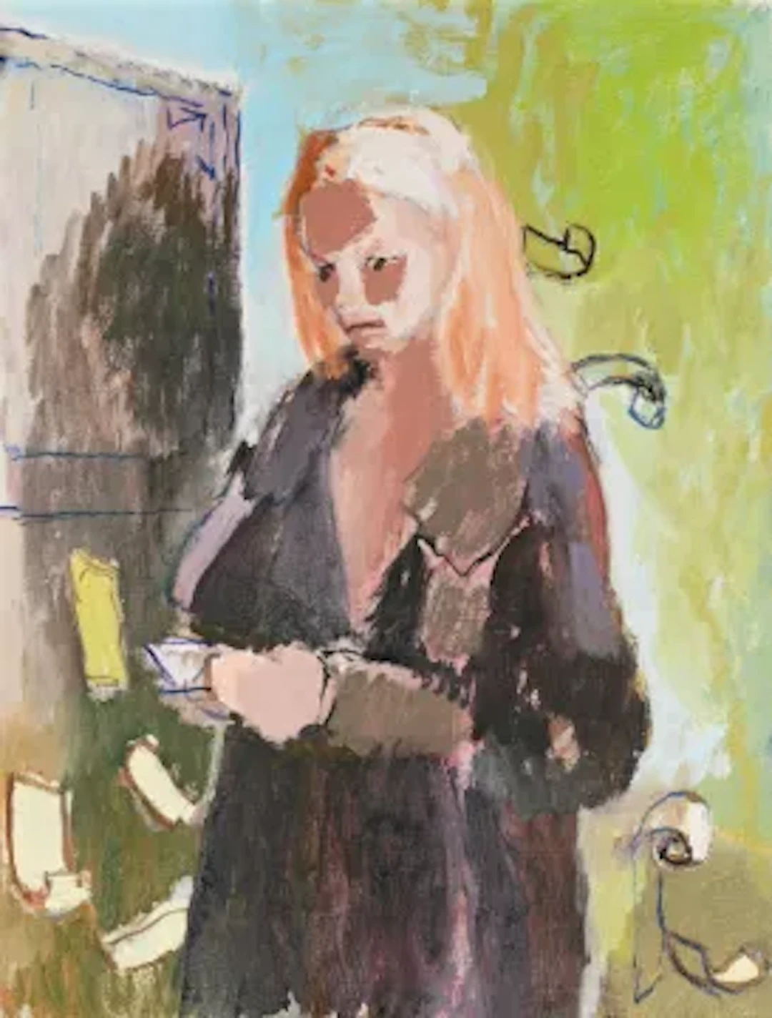 λ NEAL TAIT (BRITISH B. 1965), WOMAN READING HER VISA STATEMENT