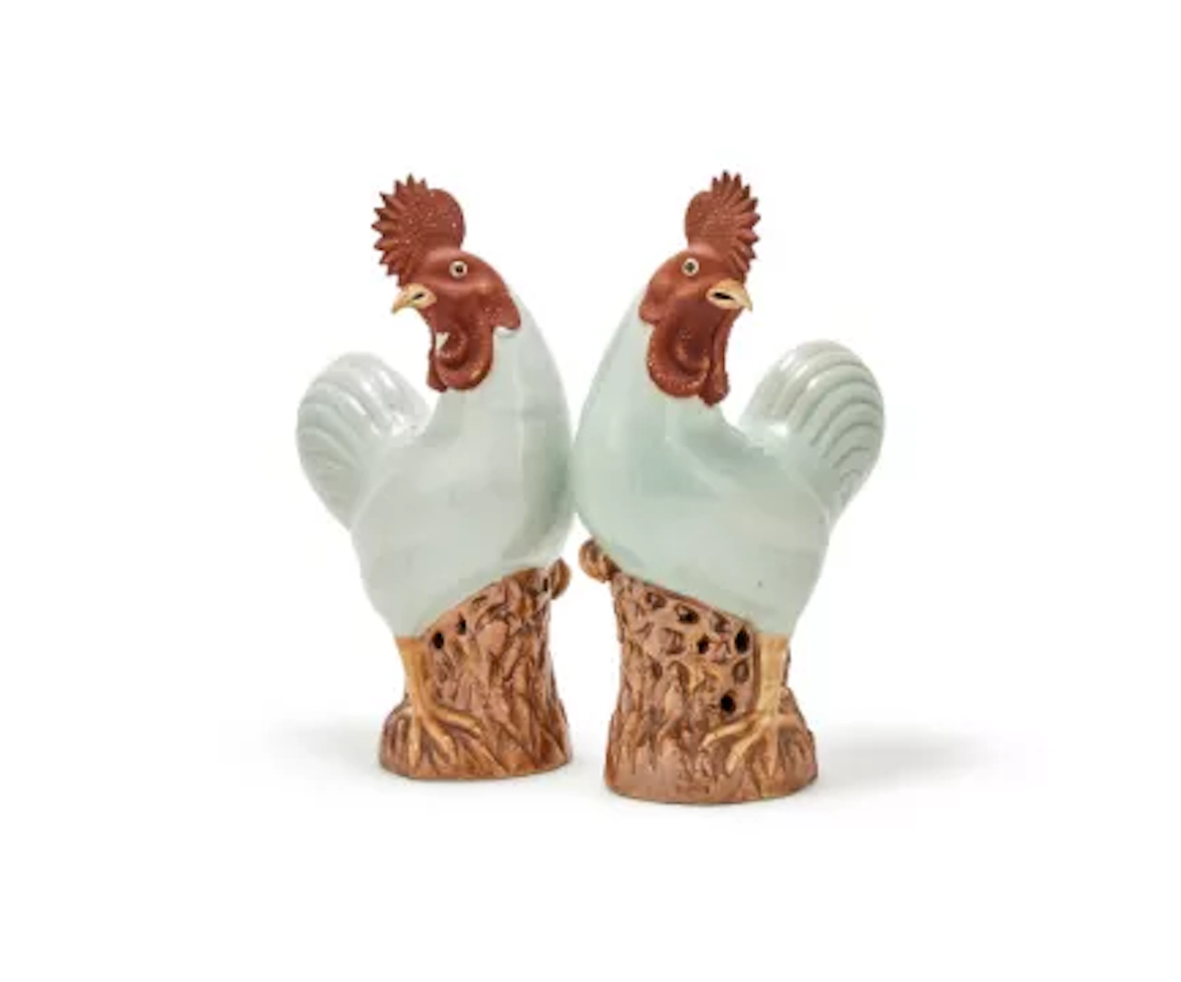† A pair of Chinese porcelain models of cockerels, Late Qing Dynasty