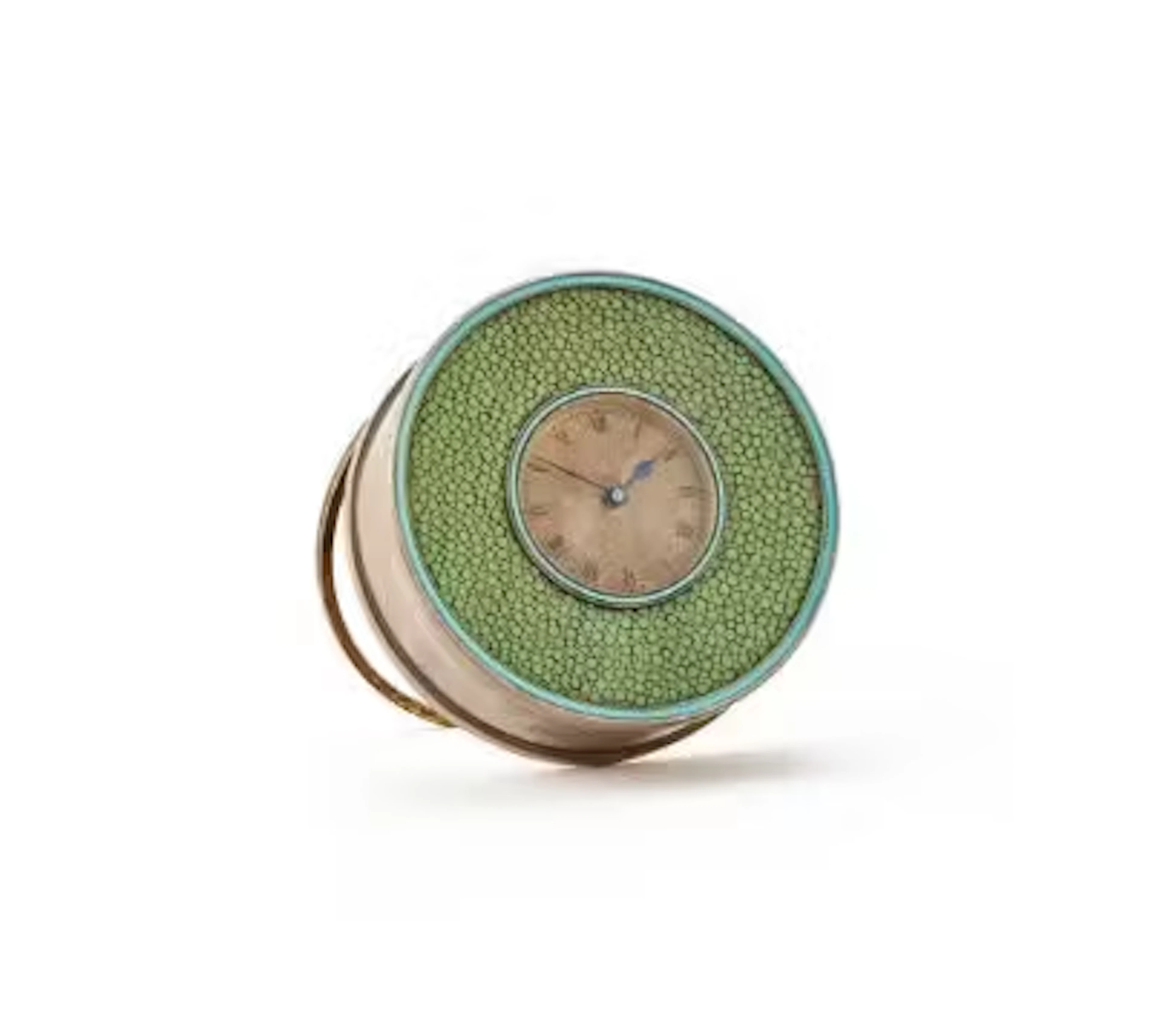 Y A GEORGE V SHAGREEN INSET SILVER AND ENAMEL TRAVELLING TIMEPIECE