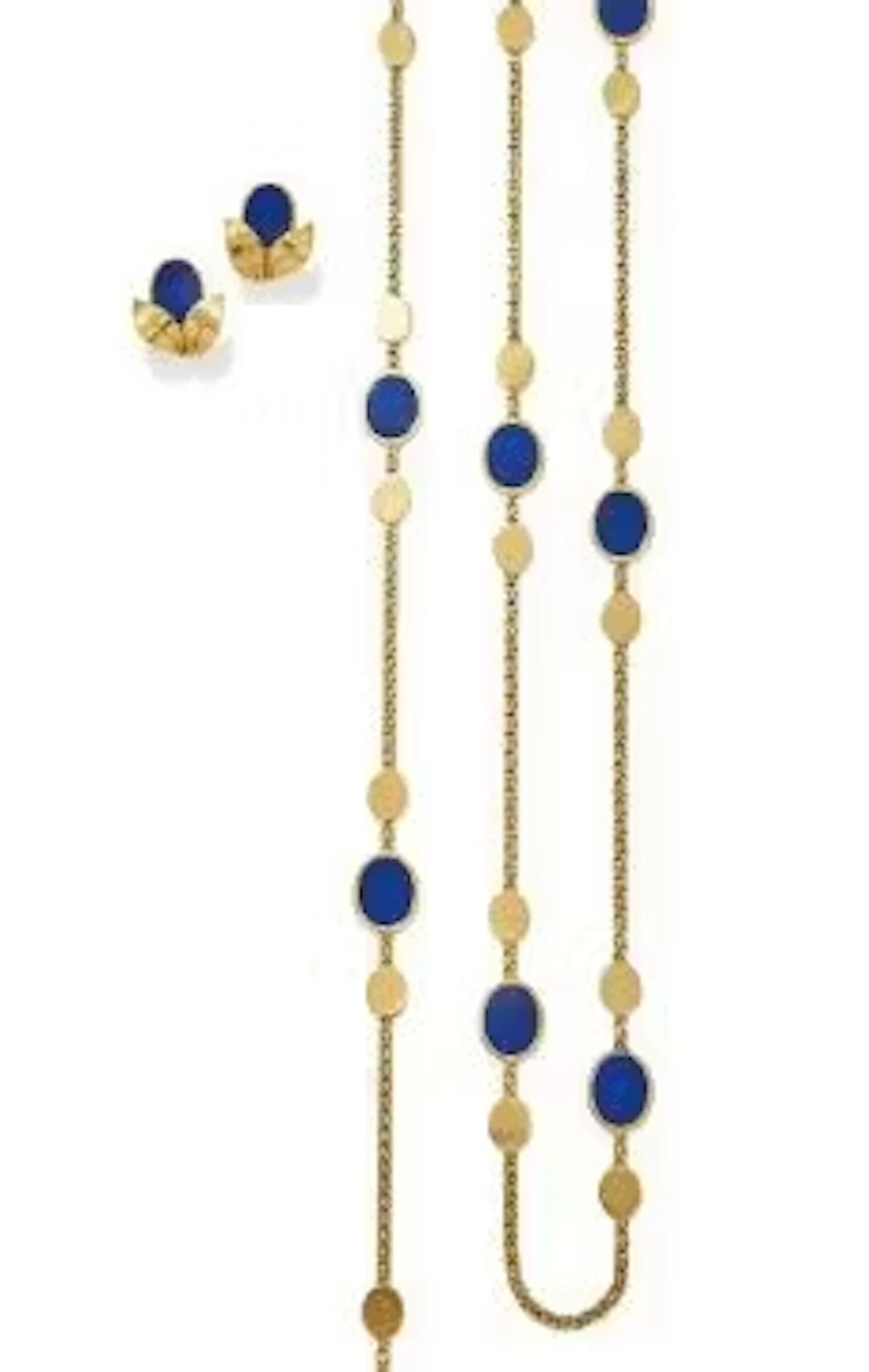 A LAPIS LAZULI NECKLACE, LONGCHAIN AND EARRING SET