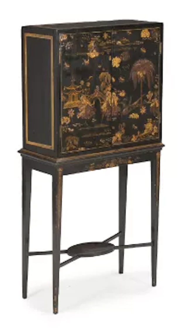 A REGENCY BLACK LACQUER AND GILT JAPANNED CABINET ON STAND, CIRCA 1820