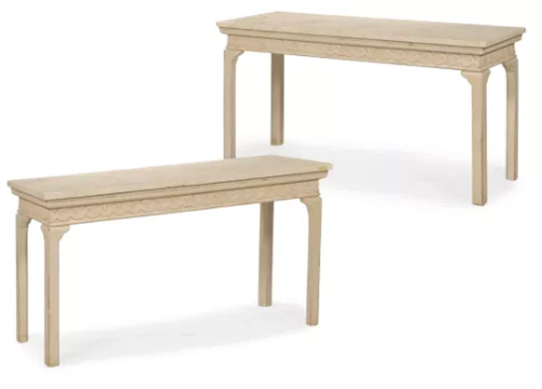 A PAIR OF CARVED WOOD AND GESSO PAINTED CONSOLE TABLES, IN GEORGE