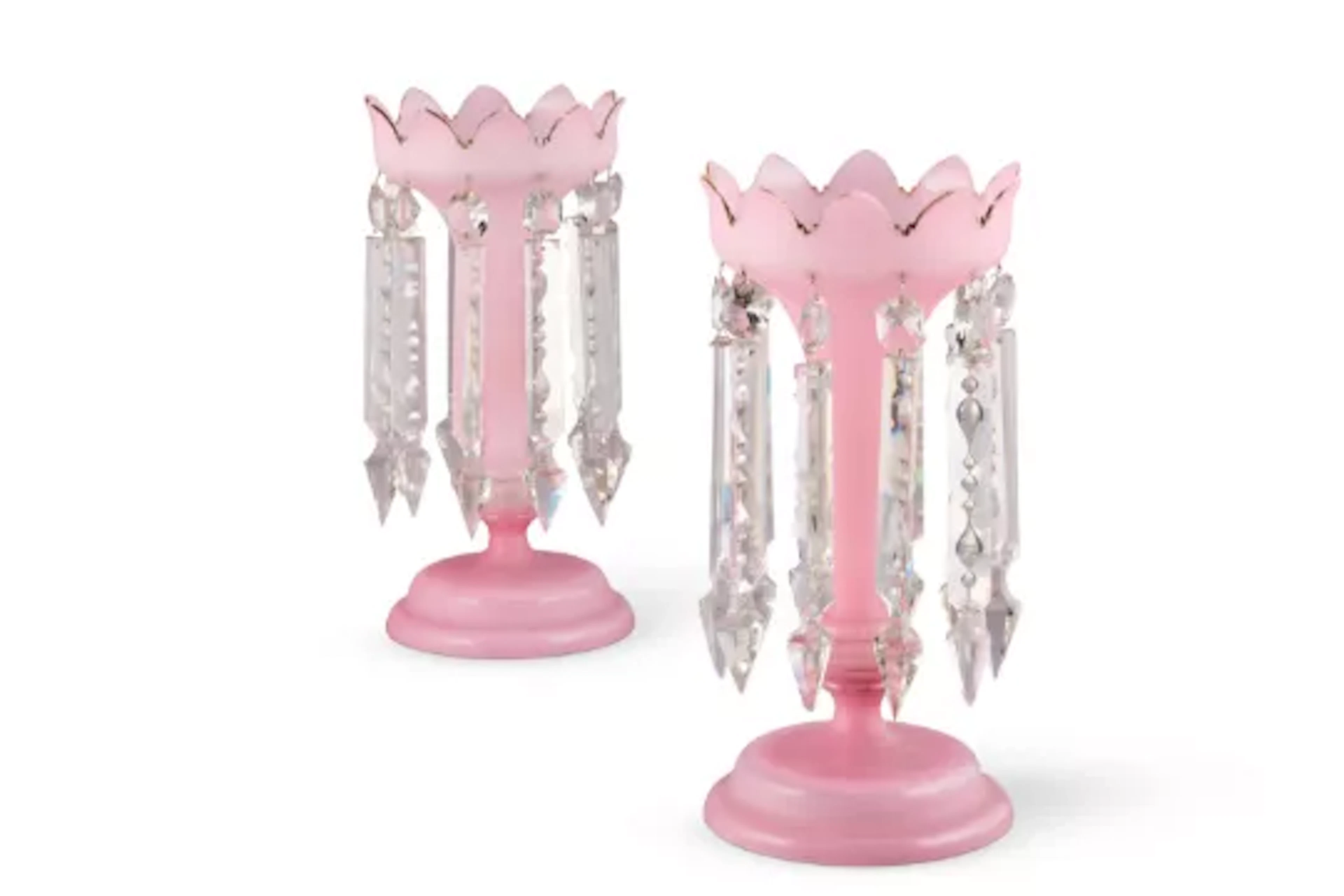 A PAIR OF FROSTED-PINK AND CLEAR GLASS LUSTRES, BRITISH OR FRENCH