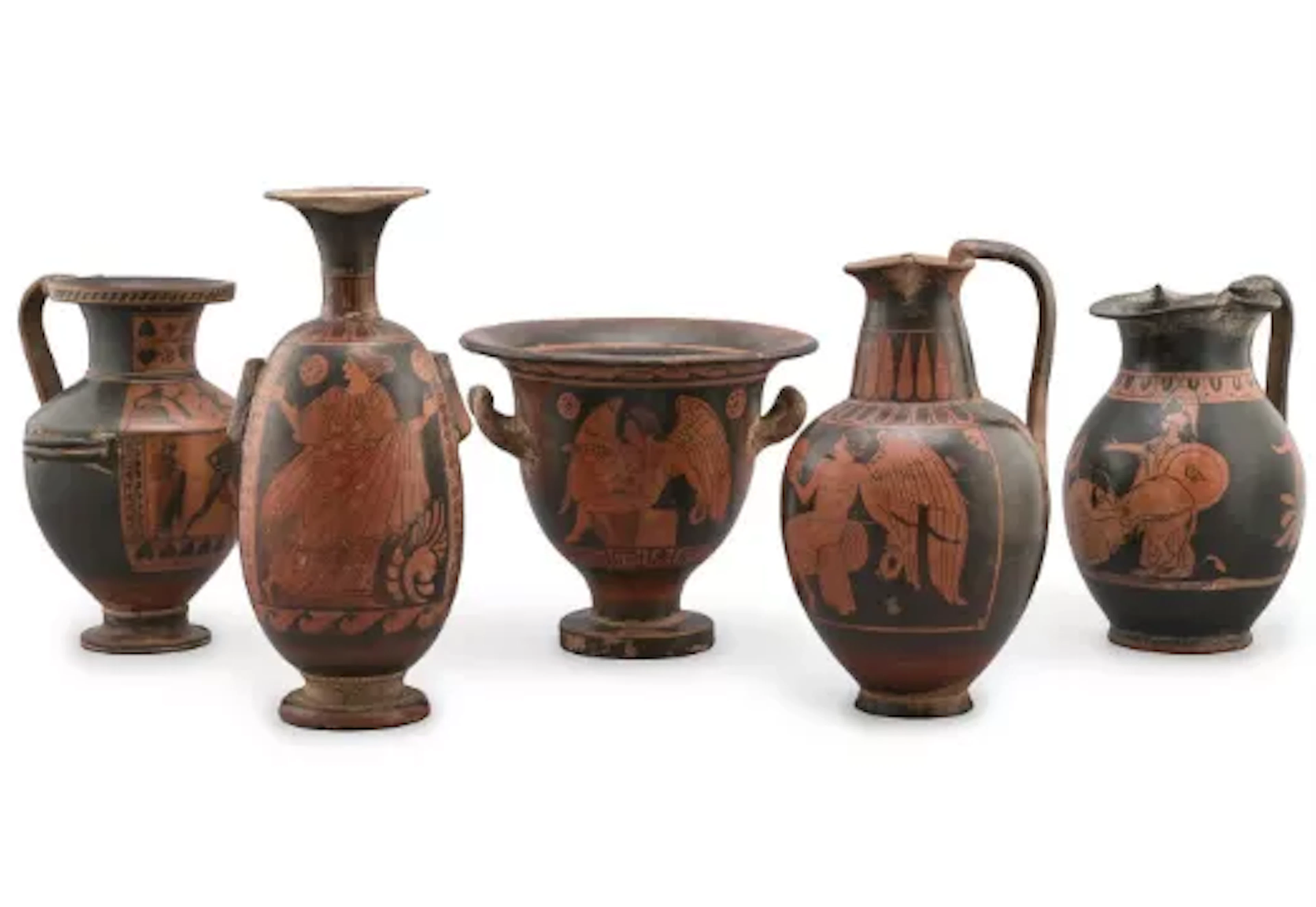 A GROUP OF FIVE COLD PAINTED TERRACOTTA JUGS, URNS AND VASES IN THE