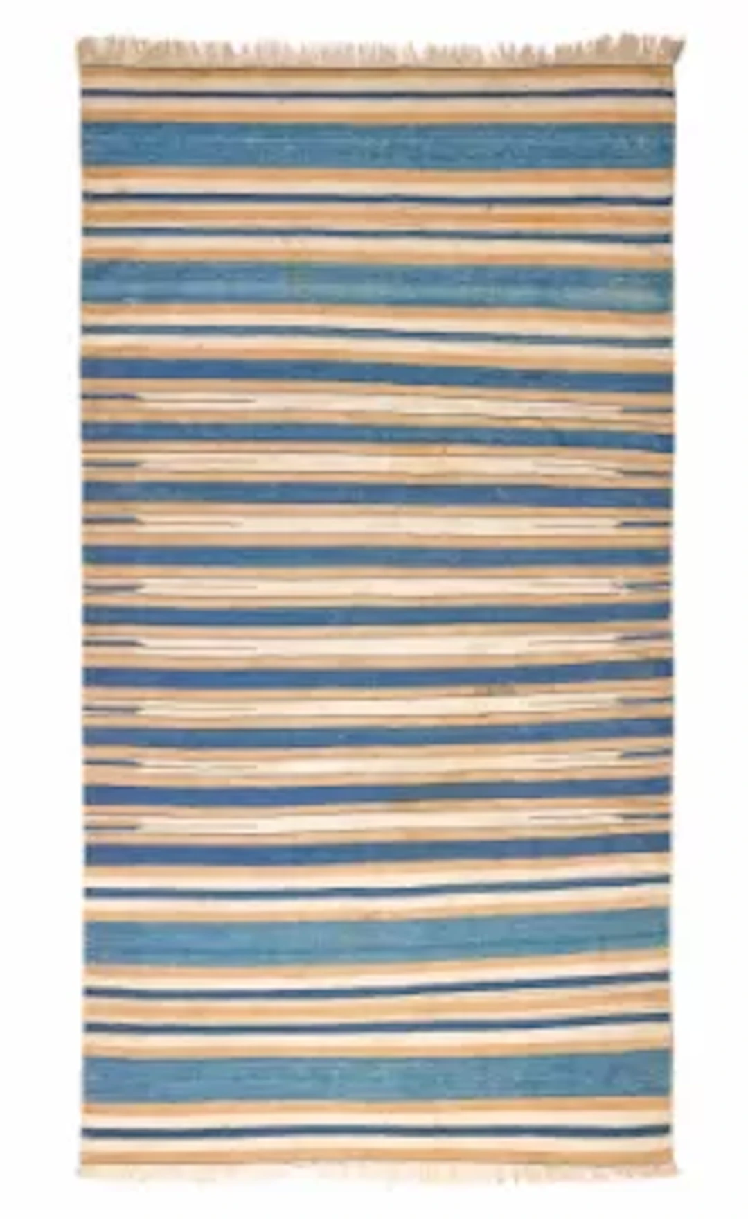 A BLUE, WHITE AND SAND COLOURED STRIPED DHURRIE, 20TH CENTURY