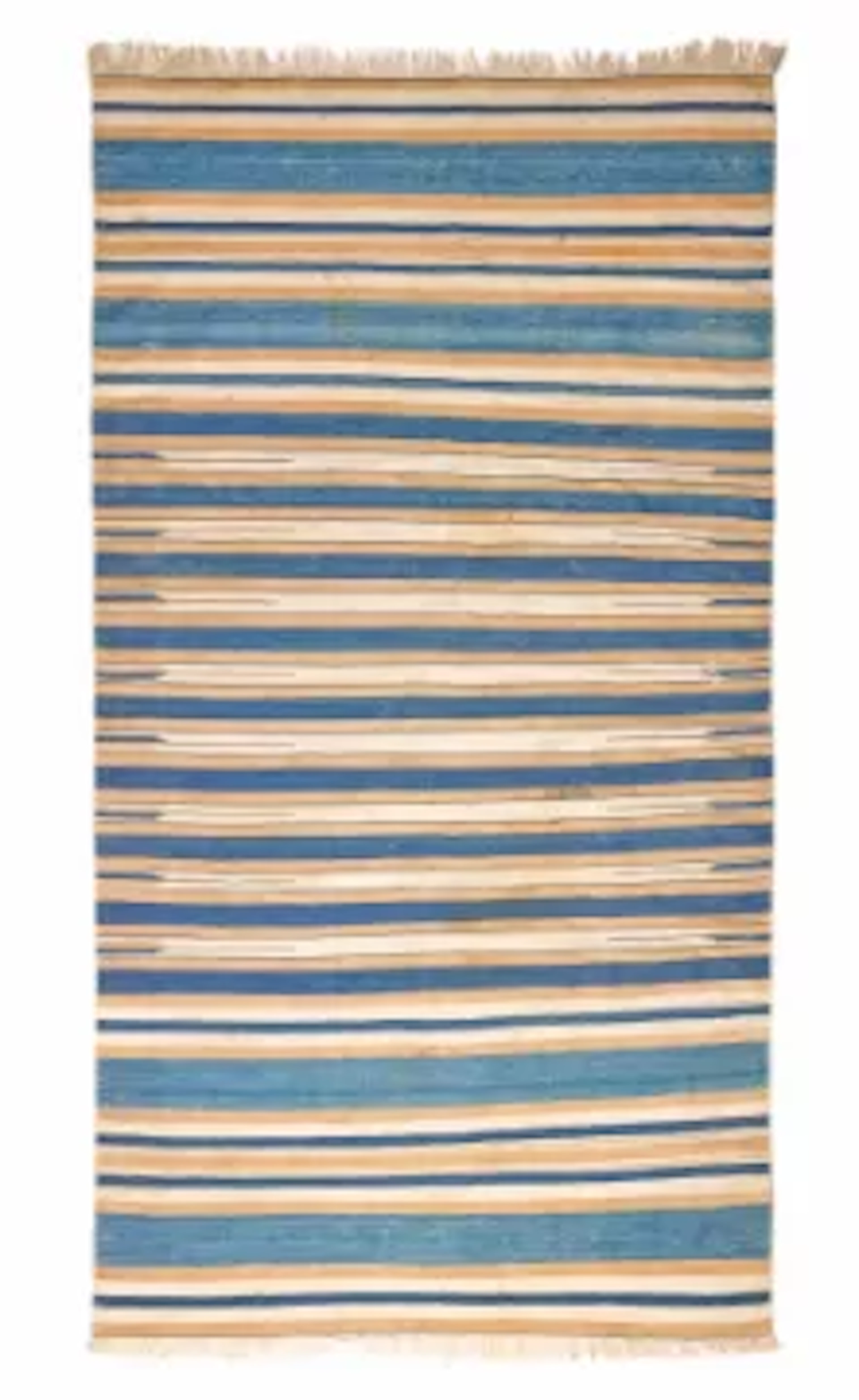 A BLUE, WHITE AND SAND COLOURED STRIPED DHURRIE, 20TH CENTURY