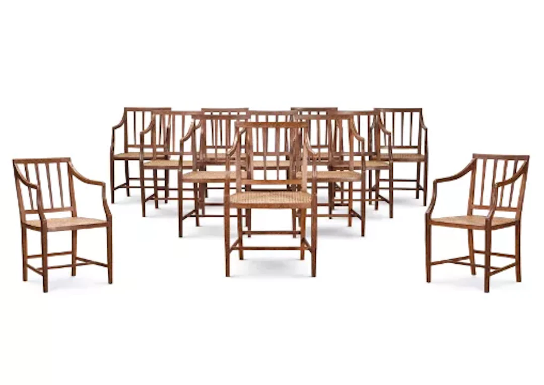 AN UNUSUAL SET OF TWELVE COCONUT PALM AND CANED ARMCHAIRS, MODERN